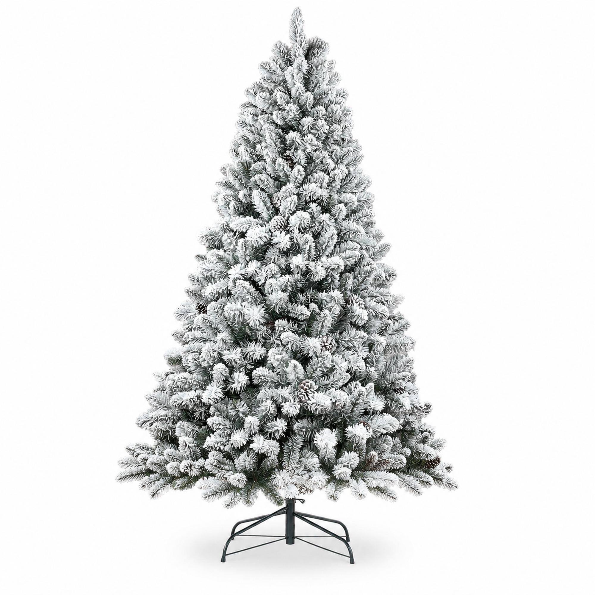 Front. RYHNUYNE - 5FT Flocked Christmas Tree With Pine Cones, 600 Snowy PVC Tips 27 Natural Pinecones Full Shape Sturdy Metal Stand - Green,White.
