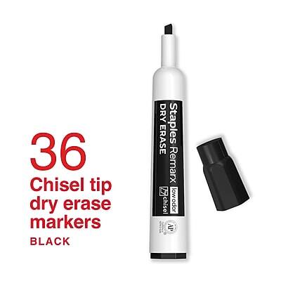 36 Chisel tip dry erase markers  
BLACK  
Staples Remarx  
DRY ERASE  
Low Odor