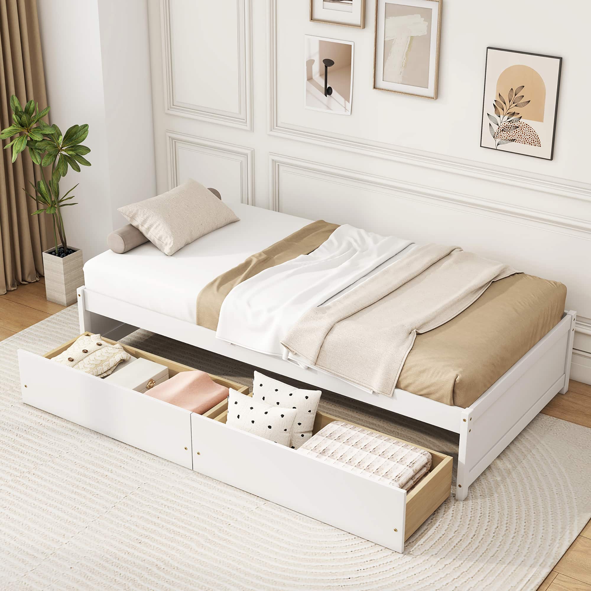 Gymax - Twin Size Captain Bed w/ 2 Drawers Slats Support Twin Daybed Heavy Duty Wood - White