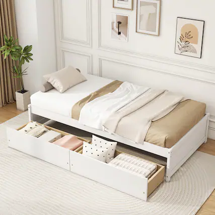 Front. Gymax - Gymax Twin Size Captain Bed w/ 2 Drawers Slats Support Twin Daybed Heavy Duty Wood White - White.