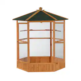 Pawhut - 69" Large Wooden Hexagonal Outdoor Aviary Flight Bird Cage With Covered Roof