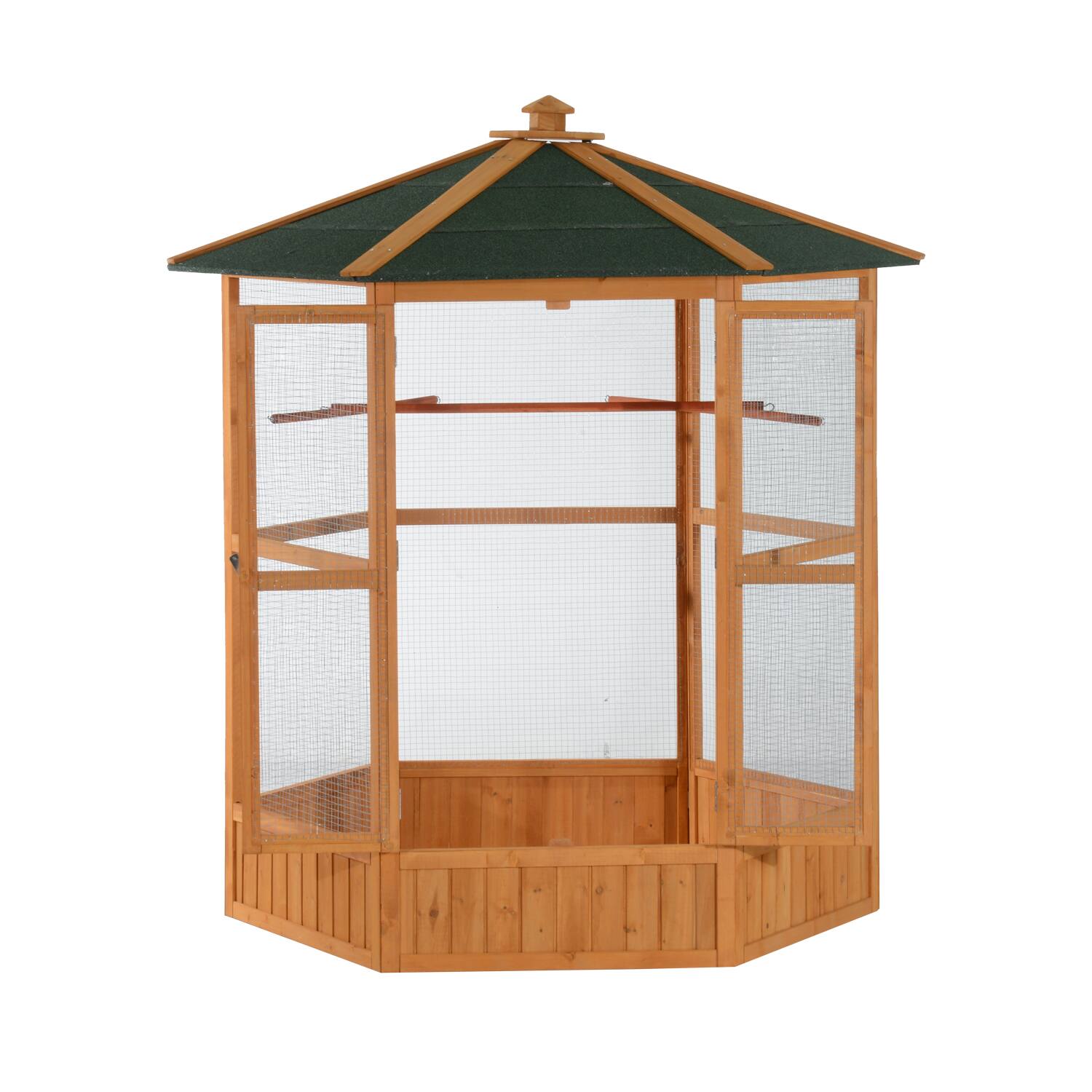 Front. Pawhut - 69" Large Wooden Hexagonal Outdoor Aviary Flight Bird Cage With Covered Roof.