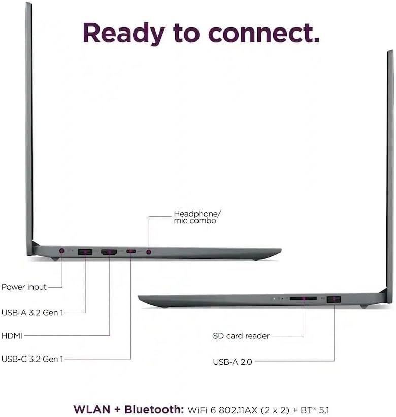 Ready to connect.  
Headphone/ mic combo  
Power input  
USB-A 3.2 Gen 1  
HDMI  
SD card reader  
USB-C 3.2 Gen 1  
USB-A 2.0  
WLAN + Bluetooth: WiFi 6 802.11AX (2 x 2) + BT 5.1