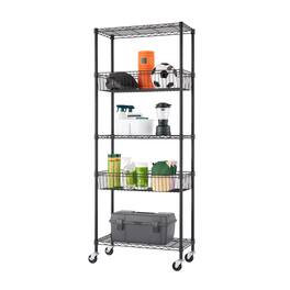TRINITY - 5-Tier 30x14x72 Modular Commercial Wire Shelving NSF w/ Baskets & Wheels Black - Black
