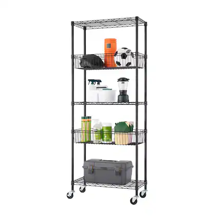 Front. TRINITY - 5-Tier 30x14x72 Modular Commercial Wire Shelving NSF w/ Baskets & Wheels Black - Black.