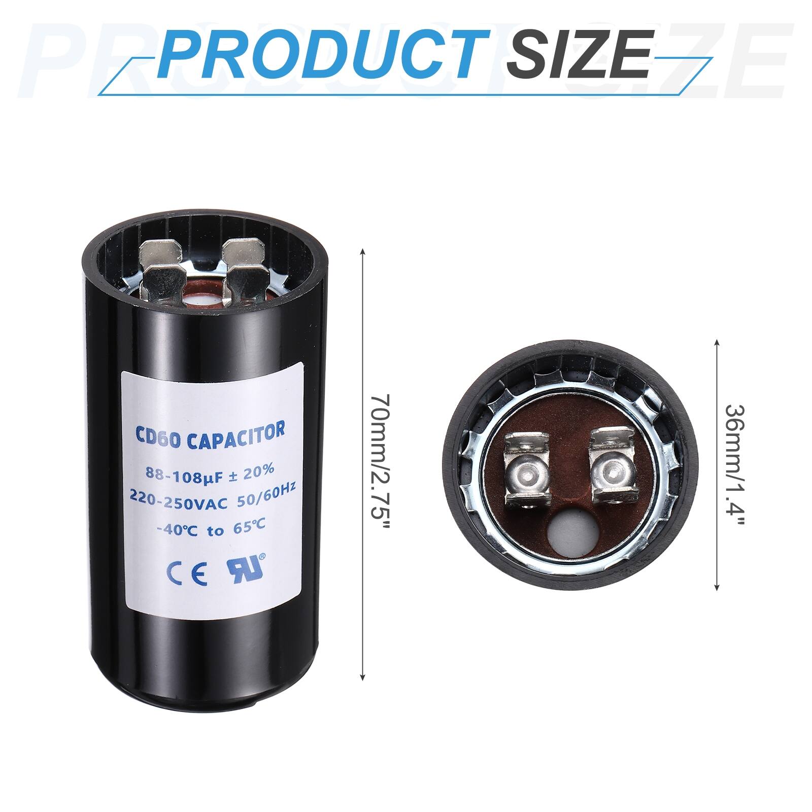 PEPRO PRODUCT SIZE EZE CD60 CAPACITOR 88-108F 20% 220-250VAC 50/60Hz -40C to 65C CE UR 70mm/2.75" 36mm/1.4"