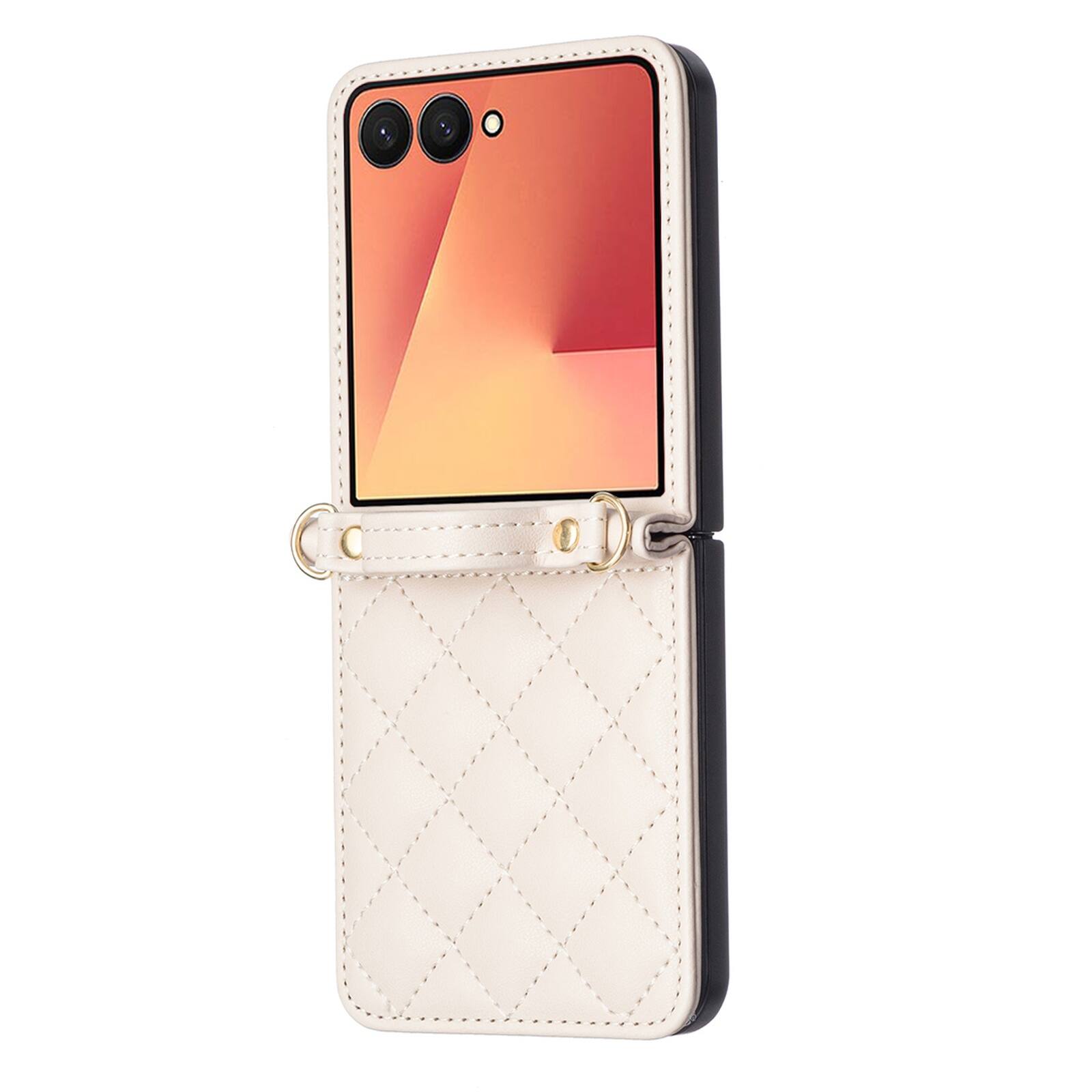 Left. Dteck - Shockproof Case for Samsung Galaxy Z Flip8 with Crossbody Lanyard, PU Leather Hard PC Cover, Raised Edge Camera Defense - Beige.