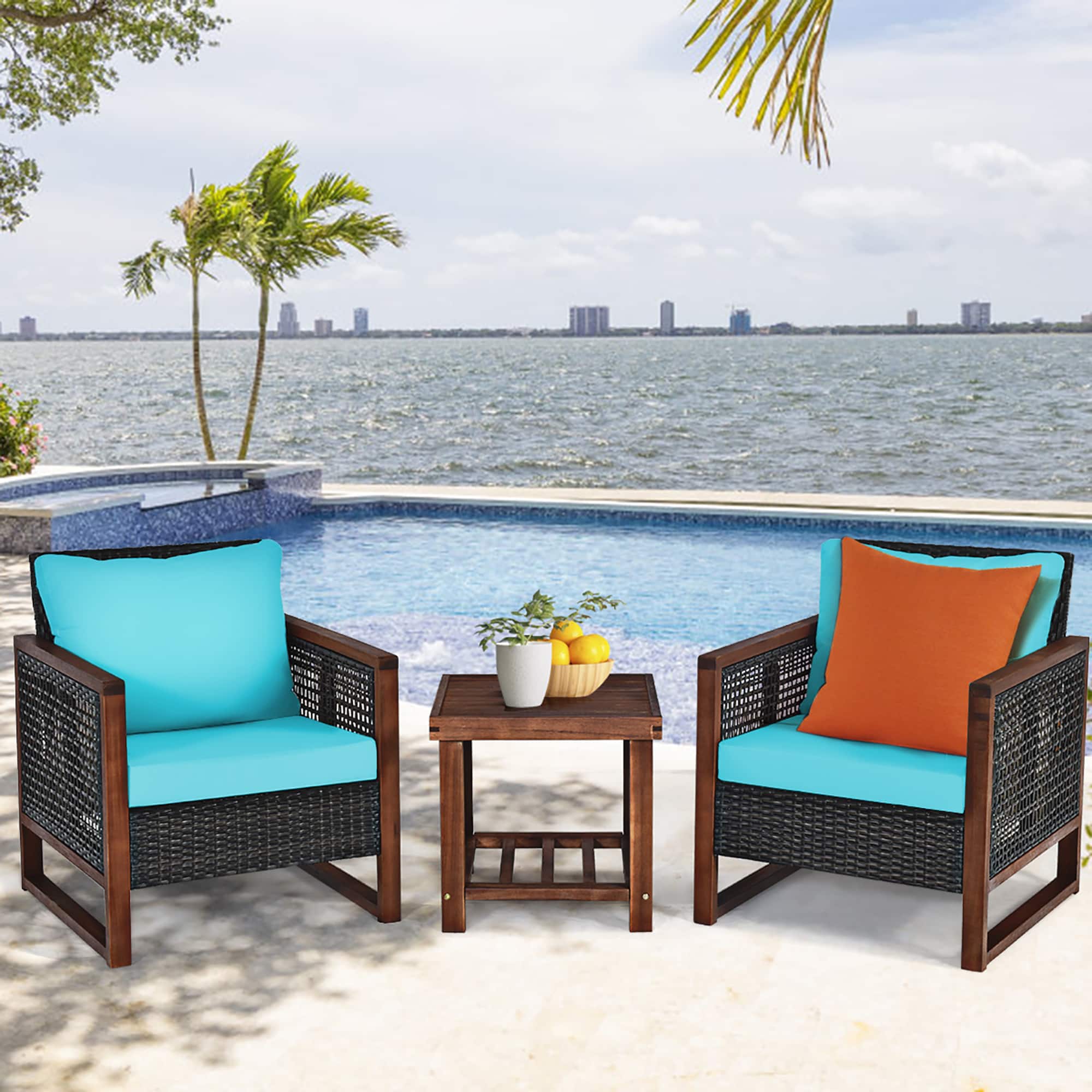 Costway - 3PCS Patio Wicker Furniture Set Solid Wood Frame Cushion Sofa w/ Square Table Shelf - Turquoise