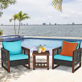 Costway - 3PCS Patio Wicker Furniture Set Solid Wood Frame Cushion Sofa w/ Square Table Shelf - Turquoise