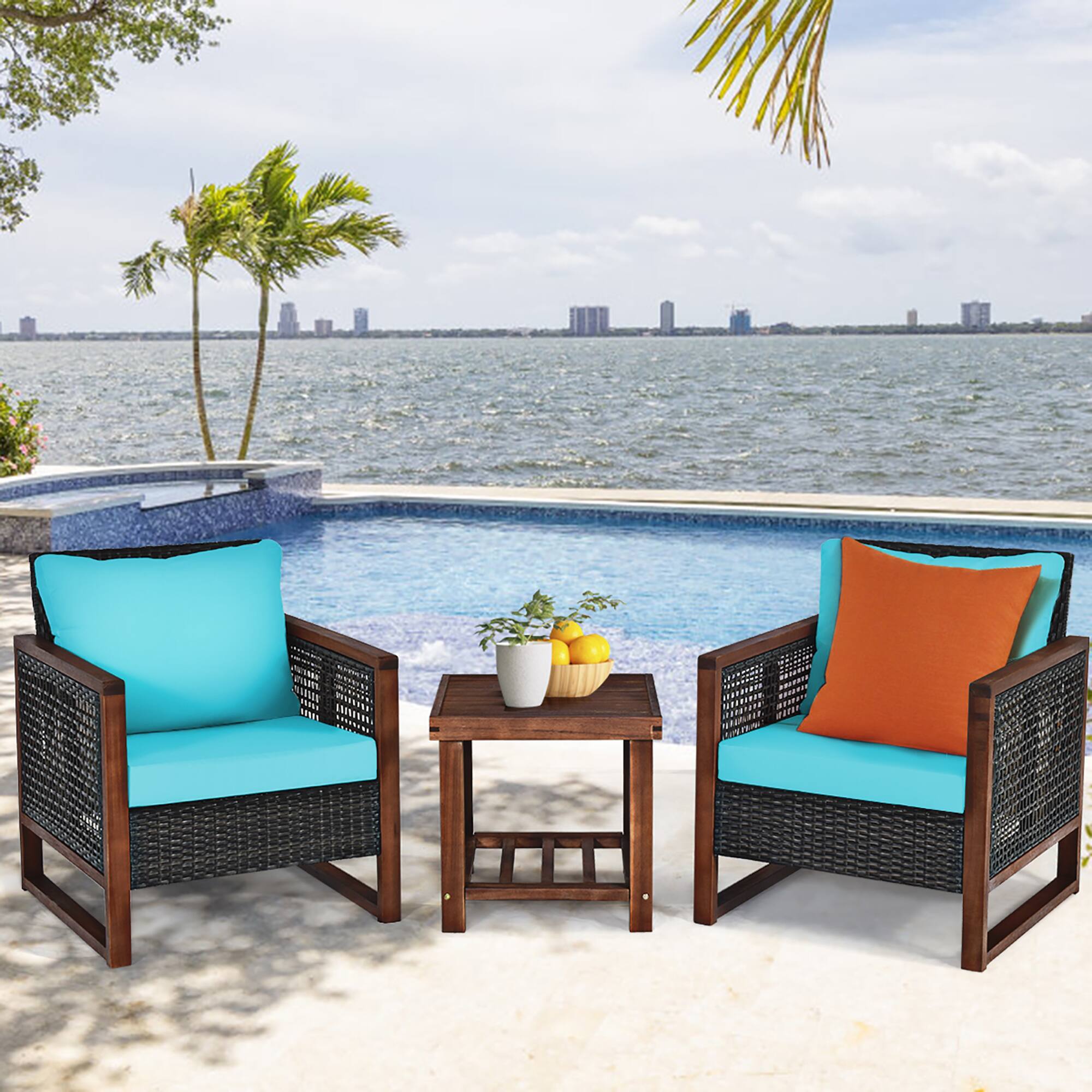 Alt View 1. Costway - Costway 3PCS Patio Wicker Furniture Set Solid Wood Frame Cushion Sofa w/ Square Table Shelf - Turquoise.