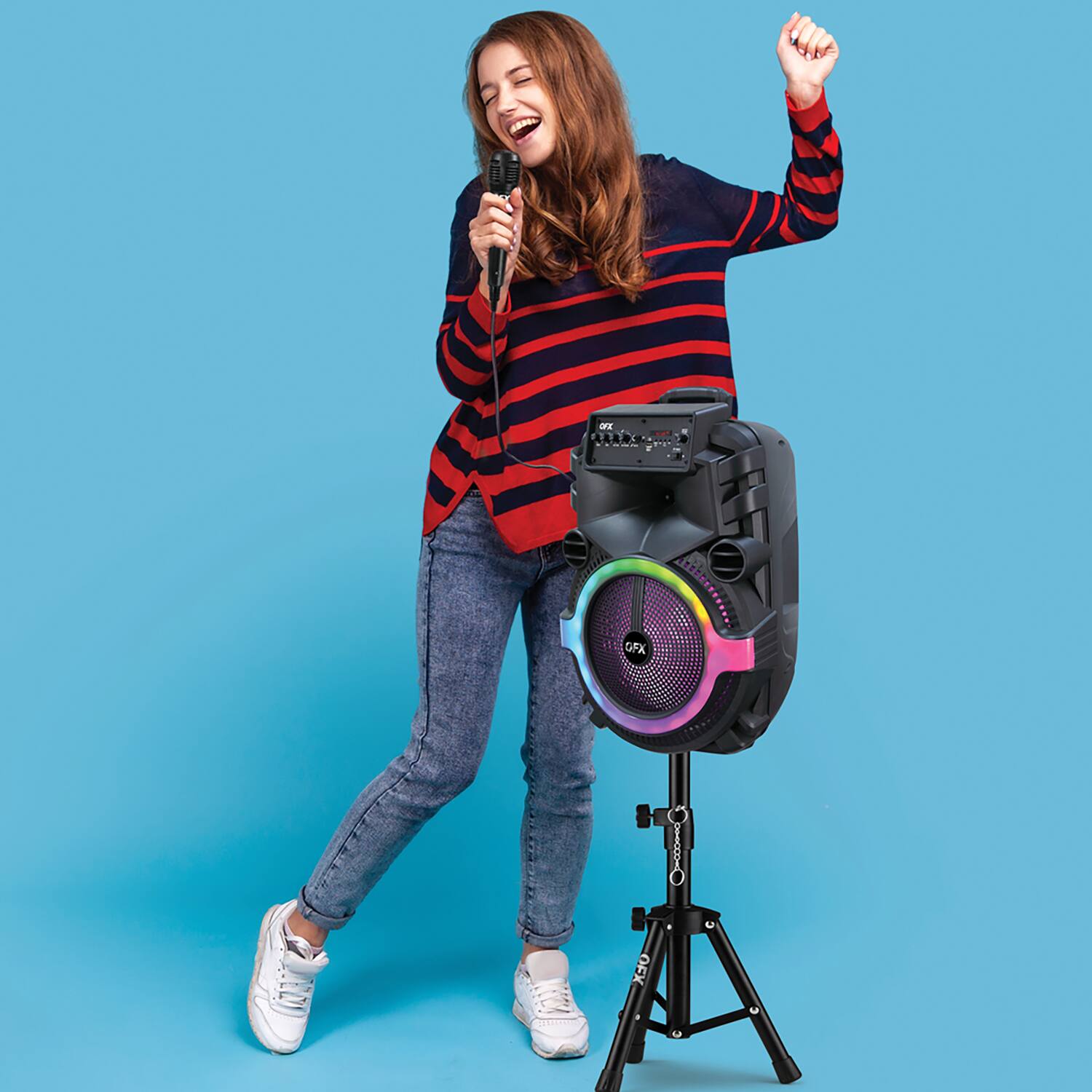 Back. QFX - Portable Bluetooth True Wireless Speaker PBX-158SM, LEDs, Wired Microphone, Stand, Remote - Black.