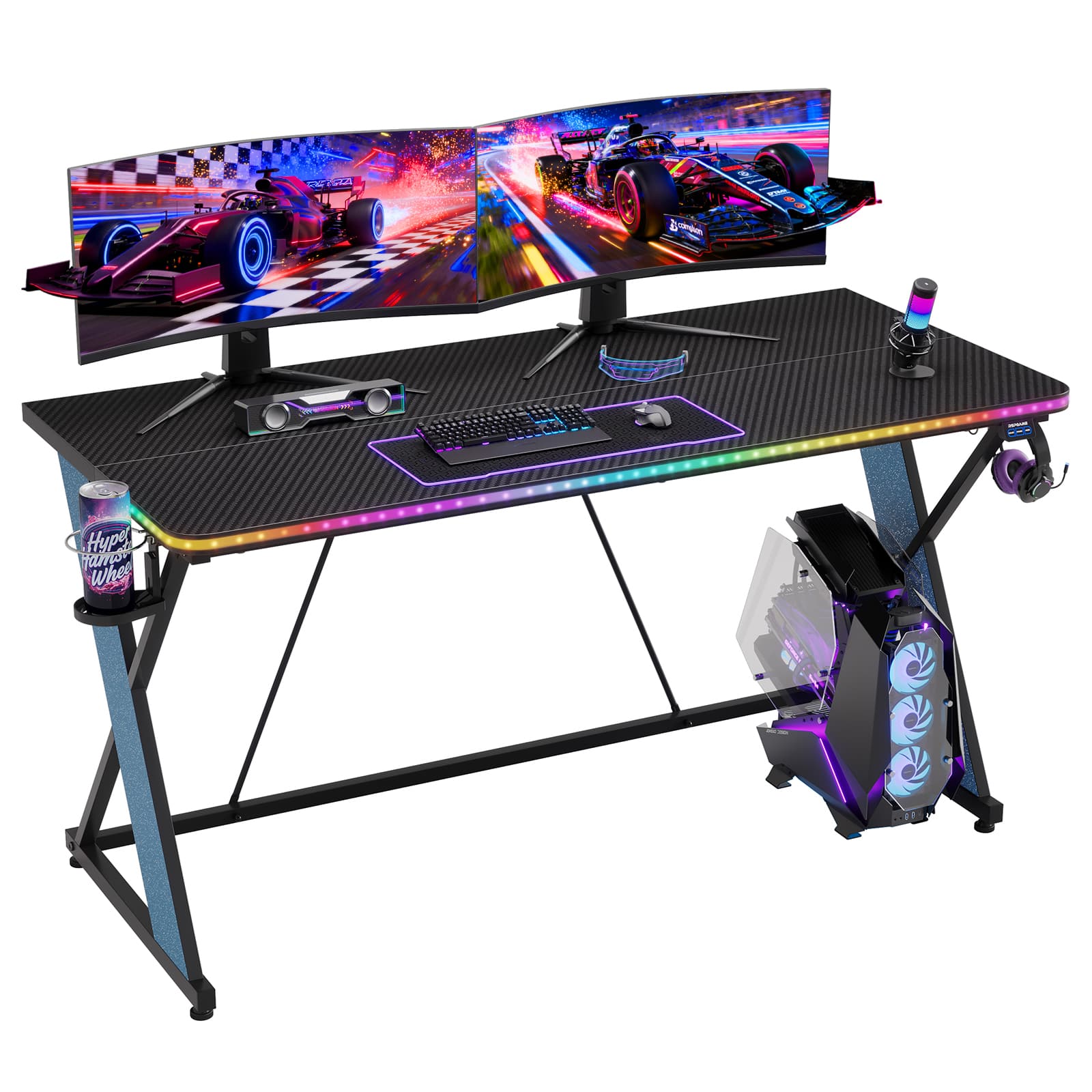 RSPGAME - Gaming Desk with LED Lights, X-Shaped Frame Computer Desk with Hook Cup Holder & Side Bag, Desk Gamer for Home Office - 55'' Black & Blue