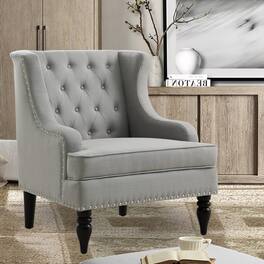 Boyel Living - Linen Button Tufted Accent Chair with Nailhead Trim and Solid Wood Legs - Light Gray