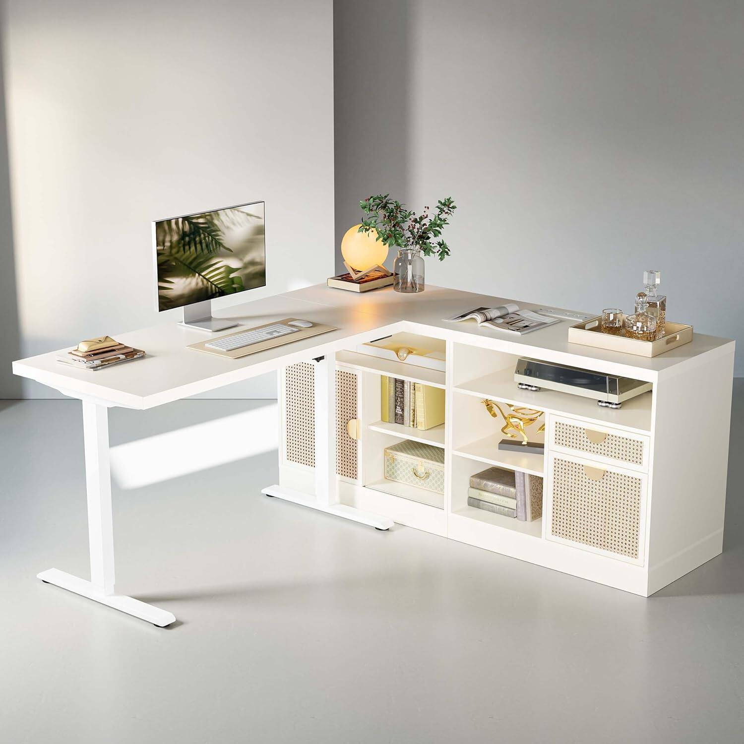 Alt View 8. ModernMate - 67"L Shaped Standing Desk with Drawers and File Cabinet, AC/USB, 1.18"Desktop, Height Adjustable Wood Desk - White Rattan.