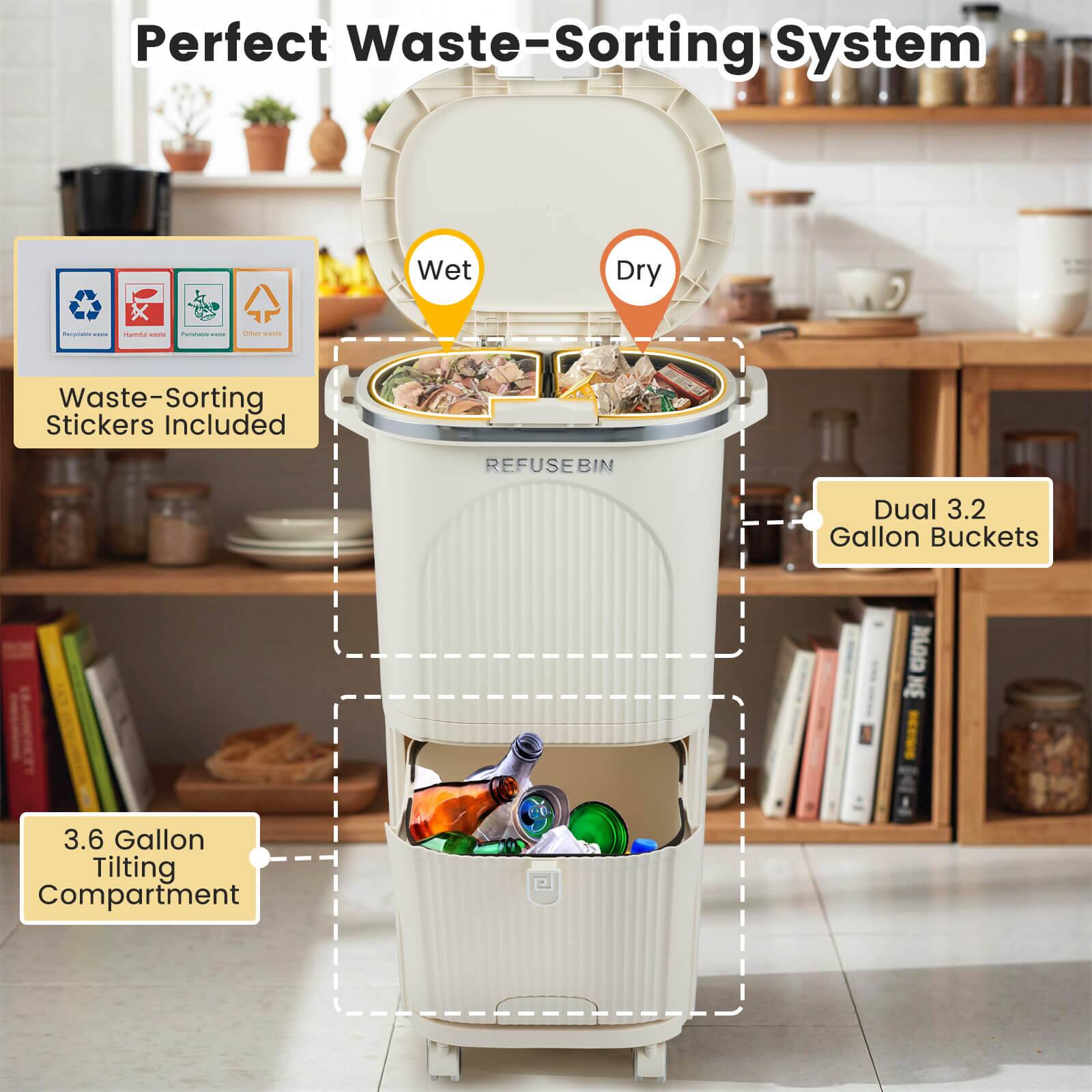 Perfect Waste-Sorting System

- Waste-Sorting Stickers Included
- Dual 3.2 Gallon Buckets
- 3.6 Gallon Tilting Compartment

Wet
Dry