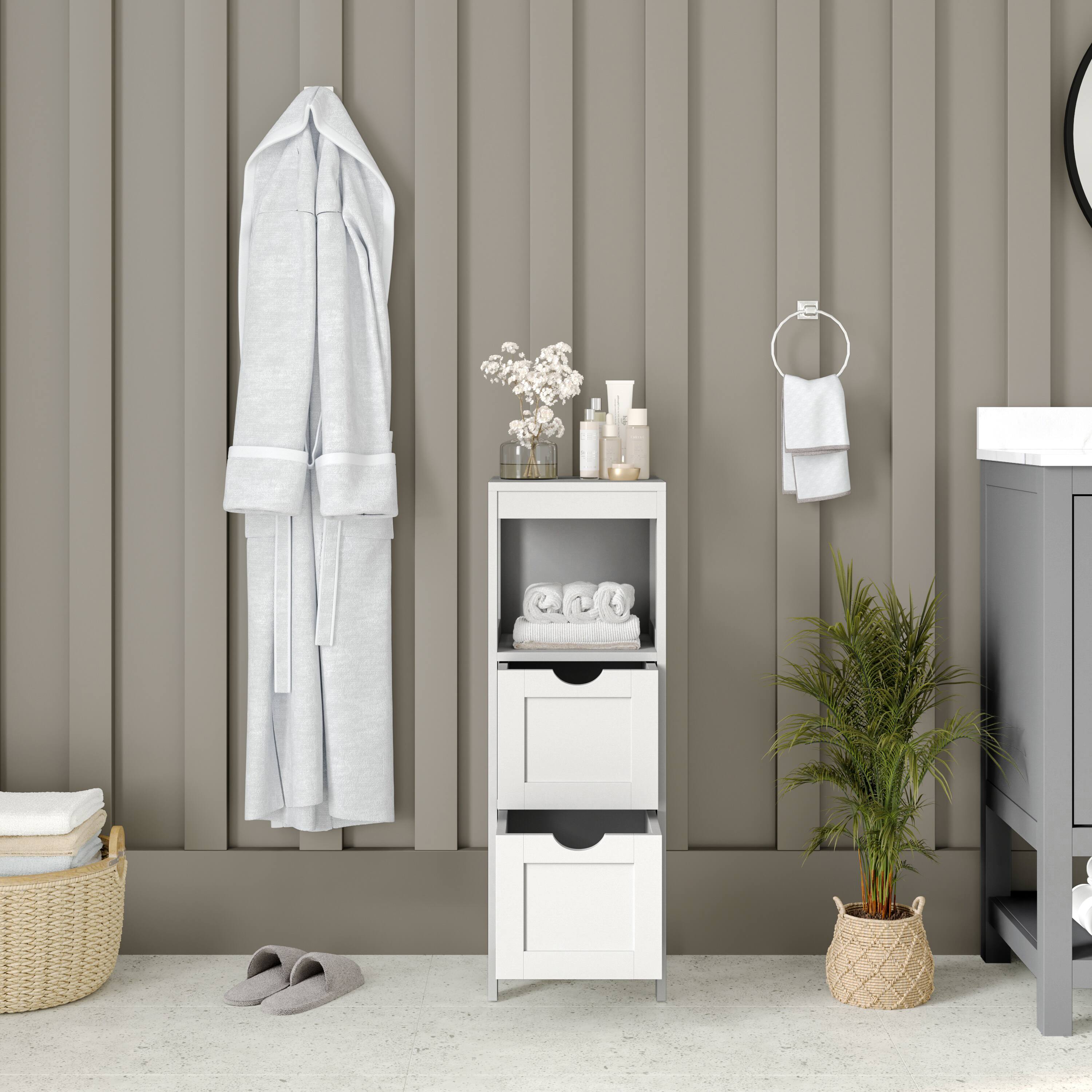 Alt View 3. Emma + Oliver - Dante Bathroom Storage Organizer with Open Display Shelf and Two Removable Drawers - White.