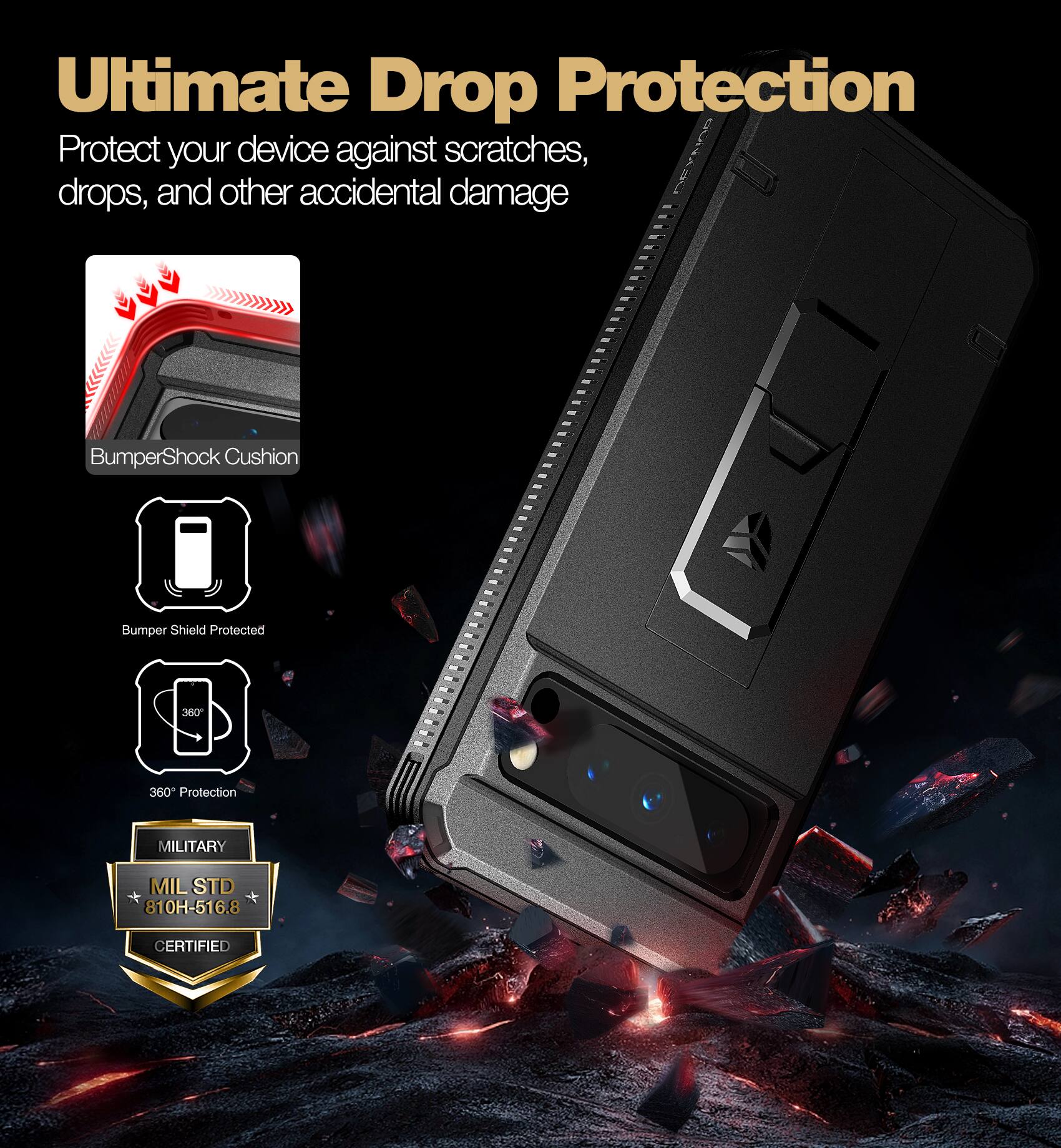 Ultimate Drop Protection

Protect your device against scratches, drops, and other accidental damage

- BumperShock Cushion
- Bumper Shield Protected
- 360° Protection
- MILITARY
- MIL STD 810H-516.8 CERTIFIED