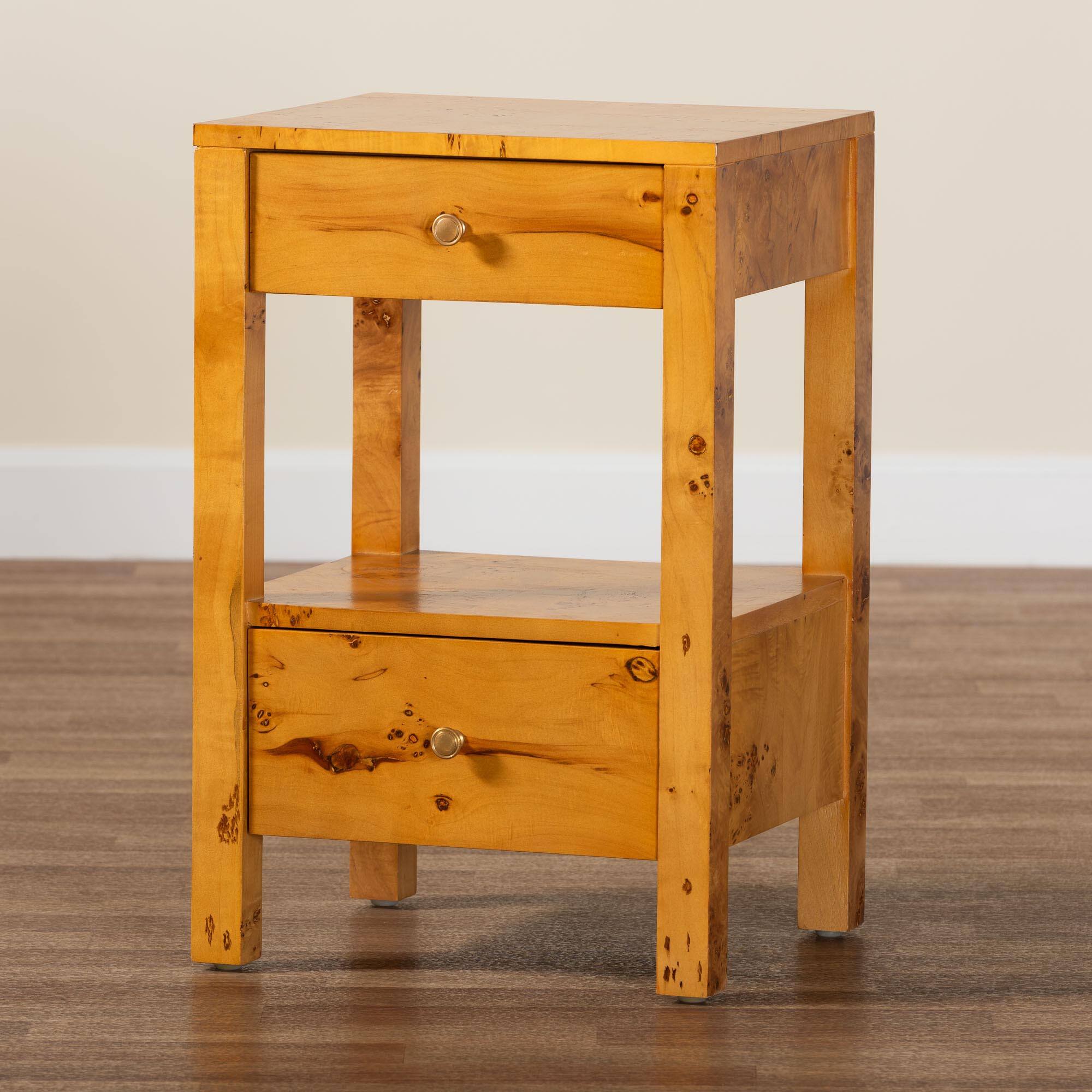 Alt View 5. bali & pari - Azmi Modern and Contemporary Natural Mappa Burl Wood 2-Drawer Nightstand - Light Mappa Burl.