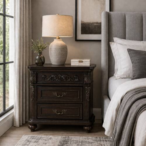 Left. LUCKY ONE - 28" Assembled 3-Drawer Nightstand Solid Wood Frame Carved - Espresso.