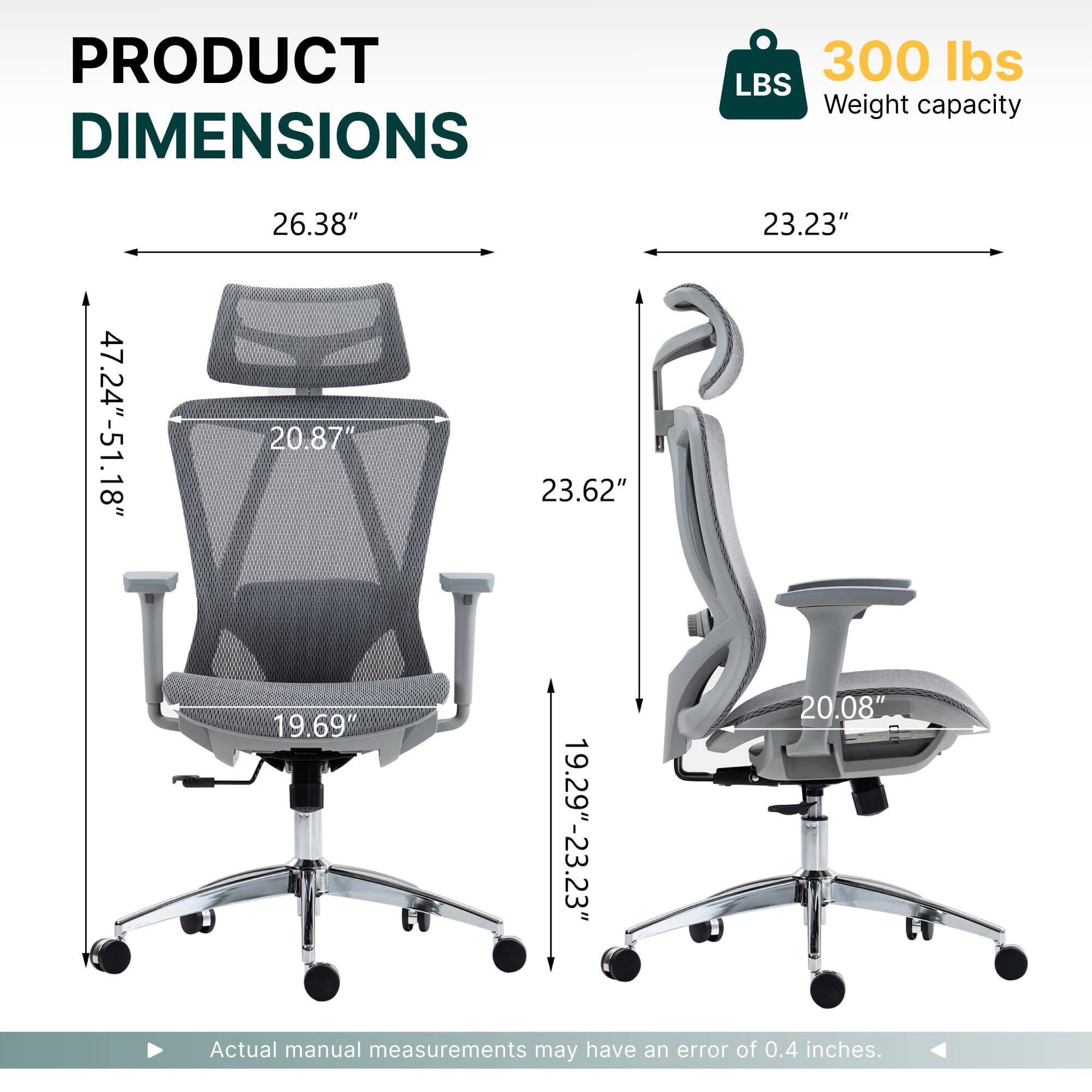PRODUCT DIMENSIONS

300 lbs LBS Weight capacity

- Width: 26.38"
- Height: 47.24" - 51.18"
- Depth: 20.87"
- Seat Height: 19.69"
- Back Height: 23.62"
- Armrest Height: 23.23"
- Seat Depth: 19.29" - 23.23"
- Armrest Width: 20.08"

Actual manual measurements may have an error of 0.4 inches.