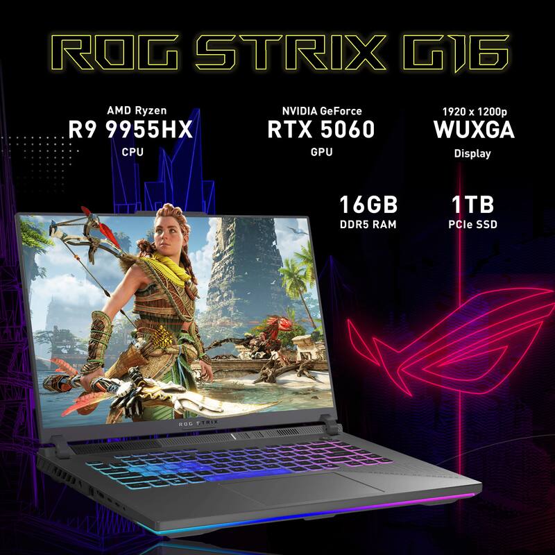 ROG STRIX G16  
AMD Ryzen R9 9955HX CPU  
NVIDIA GeForce RTX 5060 GPU  
1920 x 1200p WUXGA Display  
16GB DDR5 RAM  
1TB PCIe SSD
