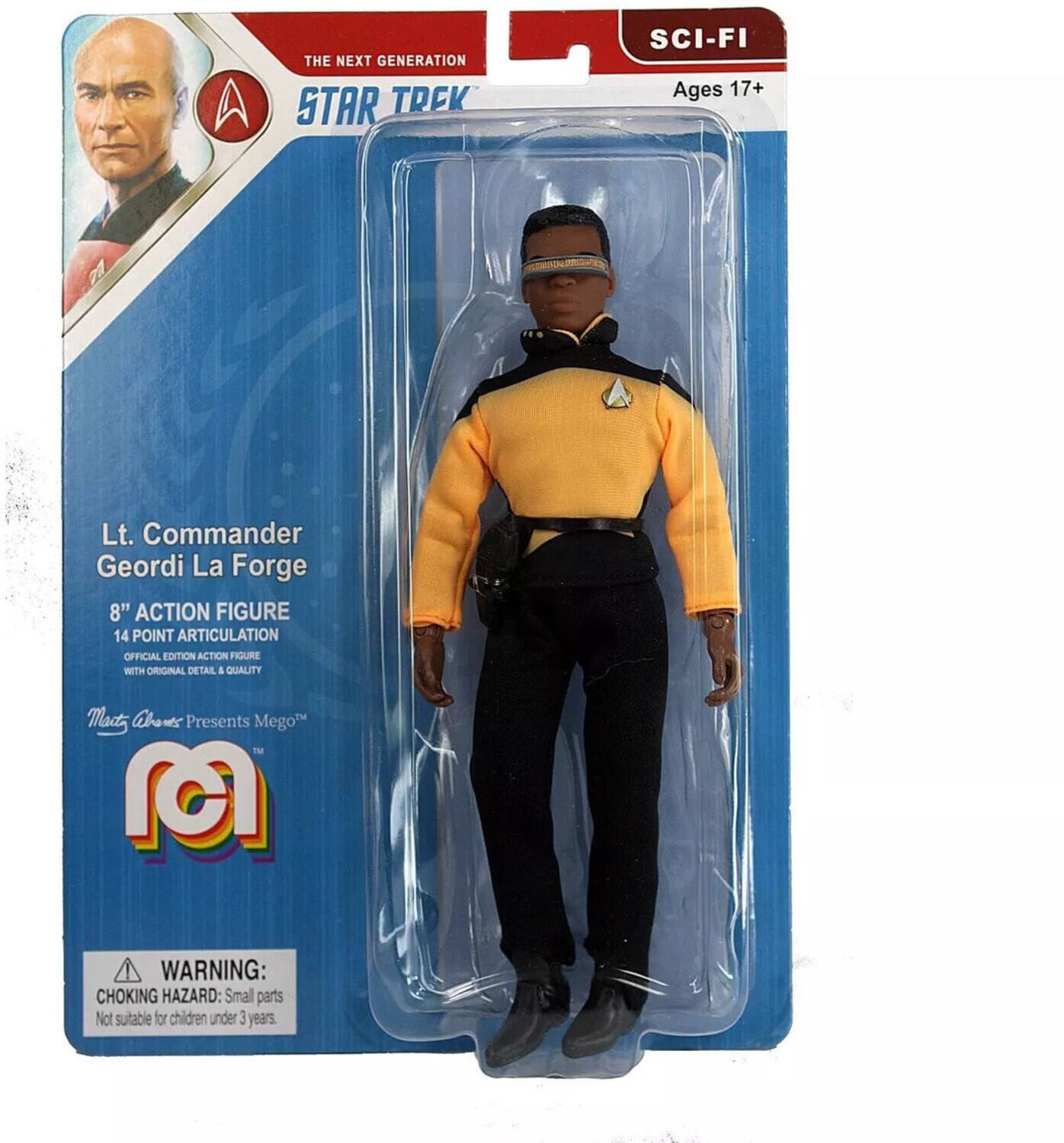 A THE NEXT GENERATION STAR TREK SCI-FI Ages 17+ Lt. Commander Geordi La Forge 8" ACTION FIGURE 14 POINT ARTICULATION OFFICIAL EDITION ACTION FIGURE WITH ORIGINAL DETAIL & QUALITY Mact Chons Presents Mego™

WARNING: CHOKING HAZARD: Small parts Not suitable for children under 3 years.