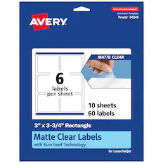 Go to avery.com/templates
Use Avery Template Presta® 94248
MATTE CLEAR
6 labels per sheet
10 sheets 60 labels
3" x 3-3/4" Rectangle
Matte Clear Labels with Sure Feed® Technology for Laser/Inkjet