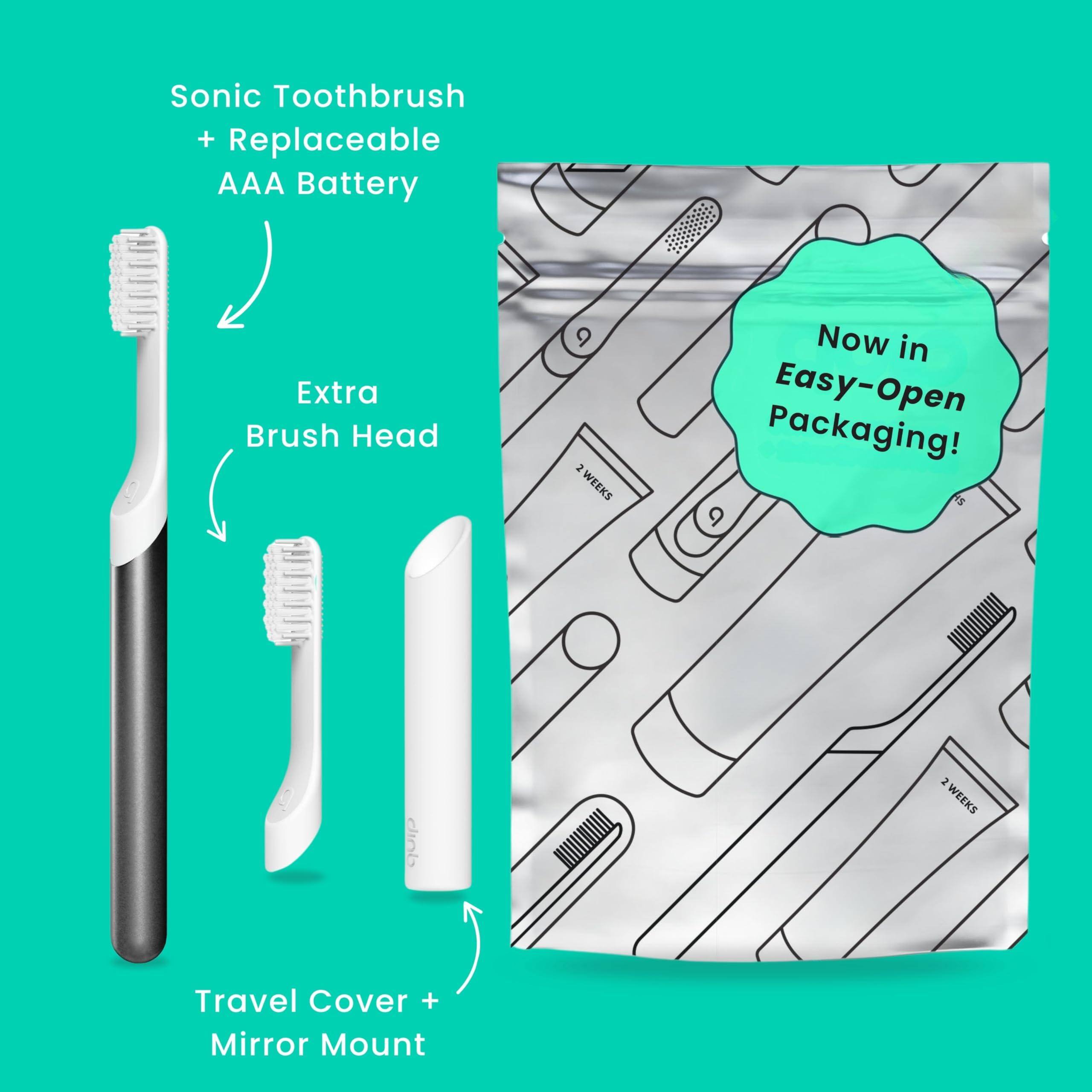 Sonic Toothbrush + Replaceable AAA Battery  
Extra Brush Head  
Travel Cover + Mirror Mount  

Now in Easy-Open Packaging!