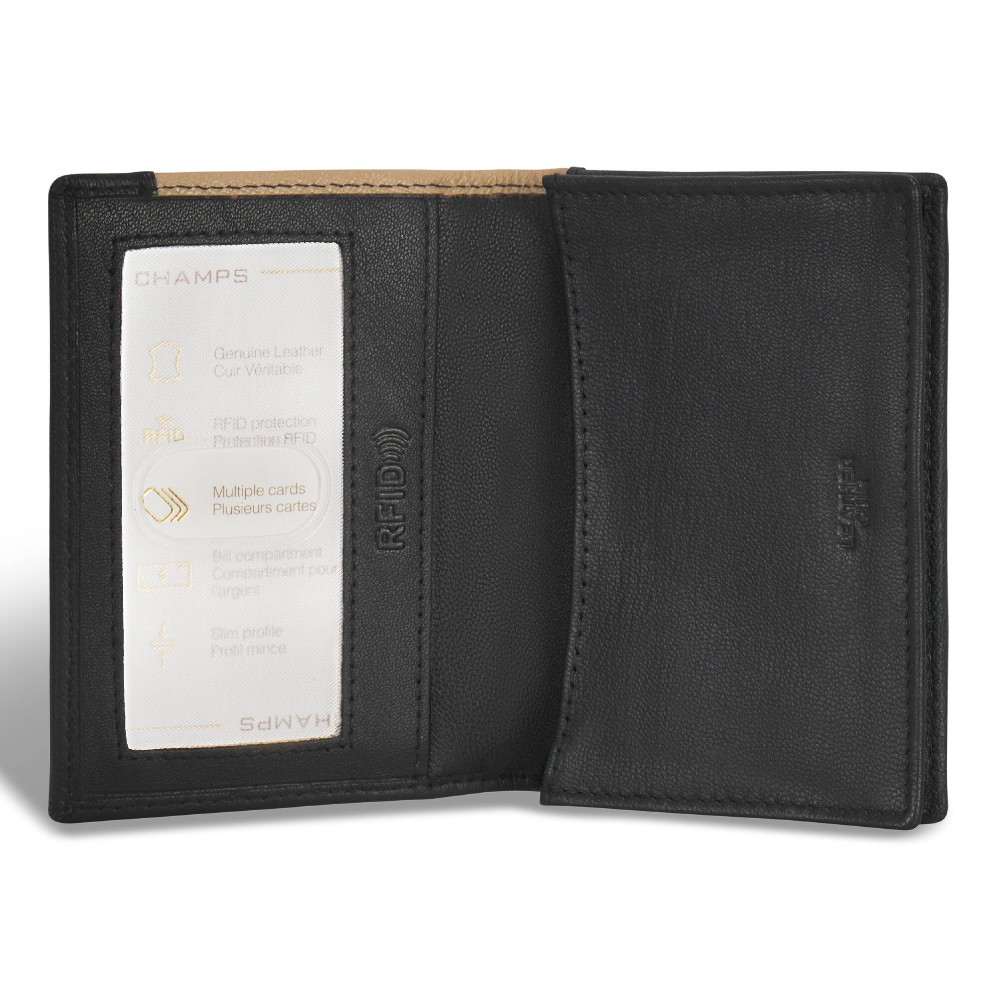 CHAMPS Genuine Leather Cuir Véritable RFID protection Protection RFID Multiple cards Plusieurs cartes Bill compartment Compartiment pour argent Slim profile Profil mince