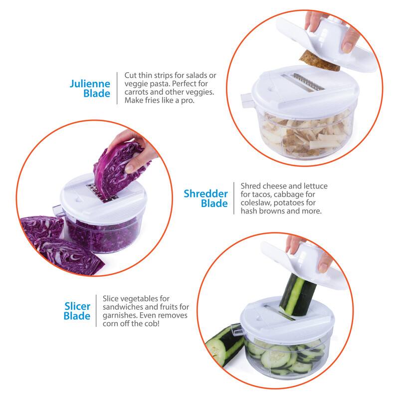 - **Julienne Blade**: Cut thin strips for salads or veggie pasta. Perfect for carrots and other veggies. Make fries like a pro.

- **Shredder Blade**: Shred cheese and lettuce for tacos, cabbage for coleslaw, potatoes for hash browns and more.

- **Slicer Blade**: Slice vegetables for sandwiches and fruits for garnishes. Even removes corn off the cob!