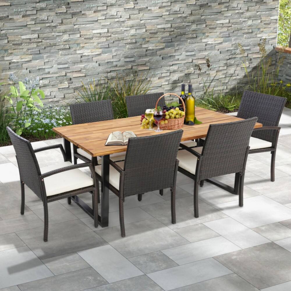 Angle. Mondawe - 7 Pieces Rattan Patio Dining Set with Umbrella Hole - Mix Brown.