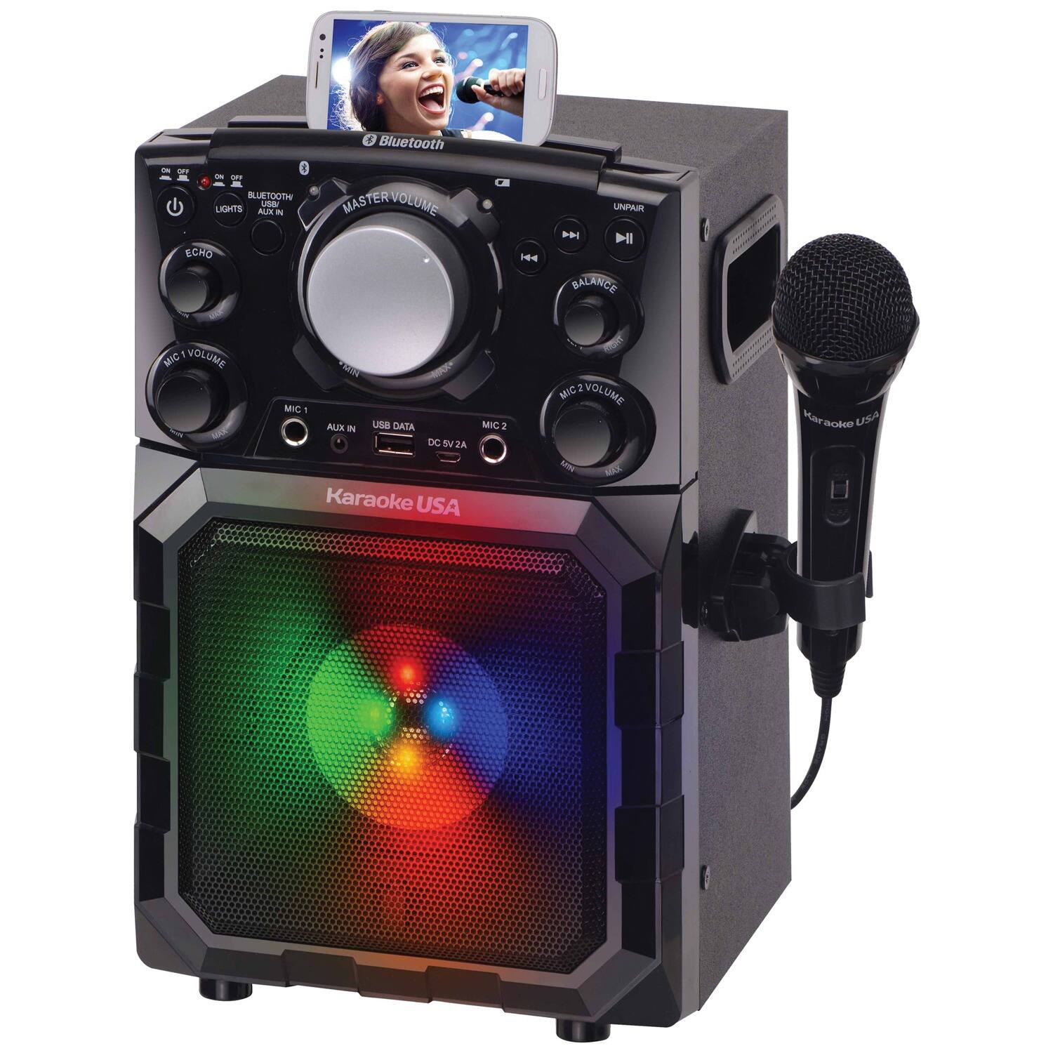 - Bluetooth
- Lights
- Echo
- Master Volume
- Balance
- Mic 1 Volume
- Mic 2 Volume
- USB Data
- Aux In
- DC 5V 2A
- Karaoke USA
- Unpair
- Play/Pause
- Next
- Previous