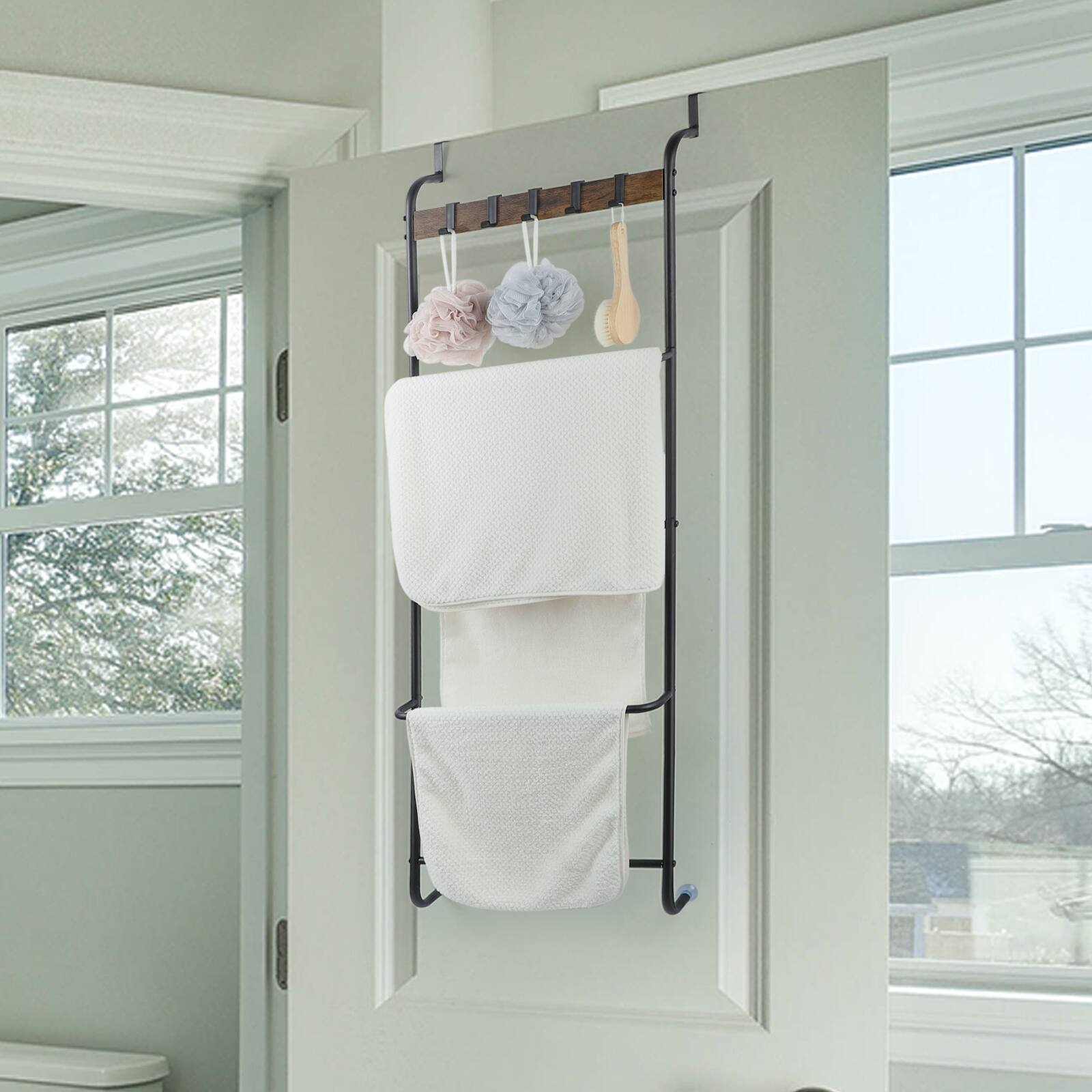 Alt View 1. Oumilen - Over-the-Door Towel Rack with 4 Bars and 5 Hooks - Brown.