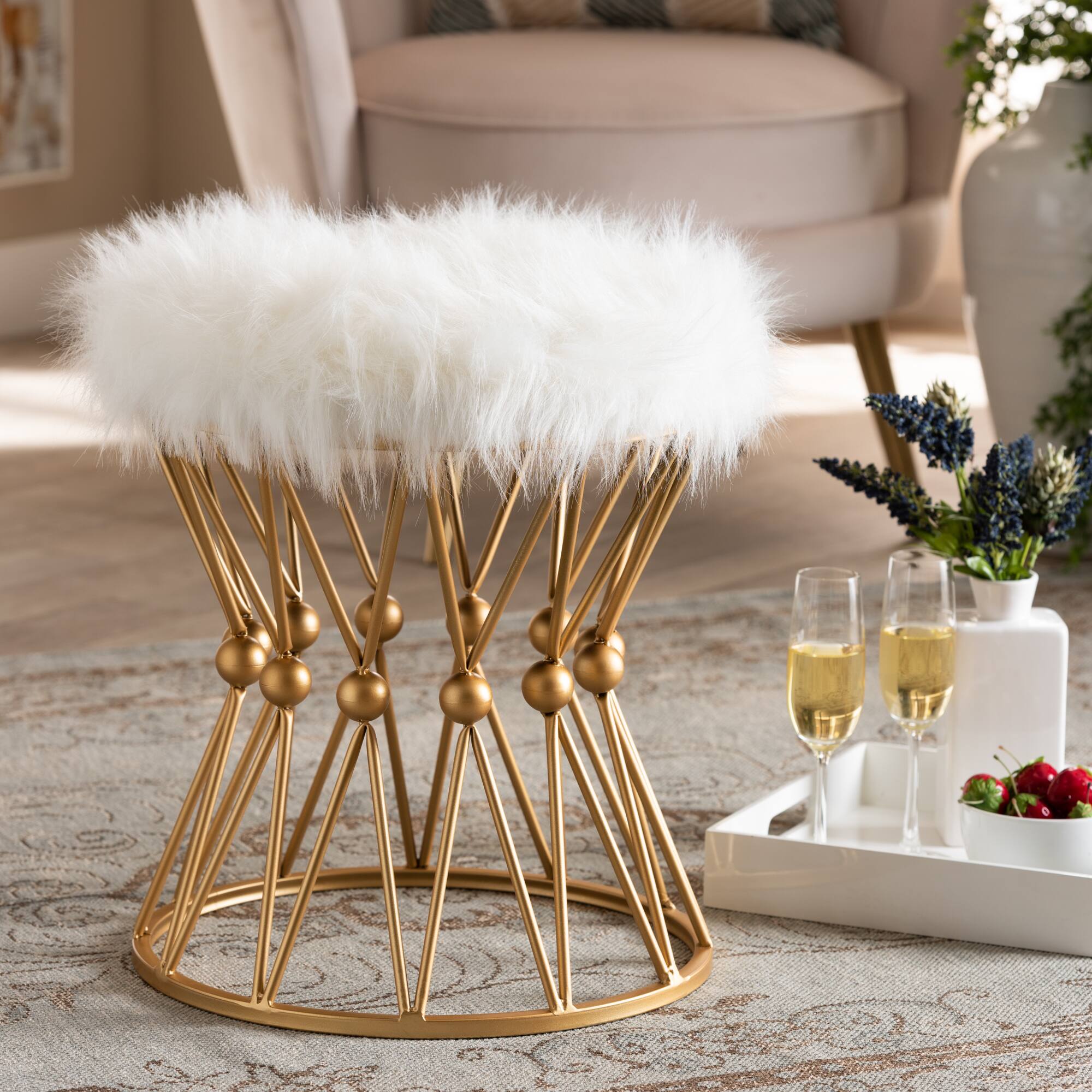 Back. Baxton Studio - Leonie Glam and Luxe Faux Fur Upholstered Gold Finished Metal Ottoman - White/Gold.