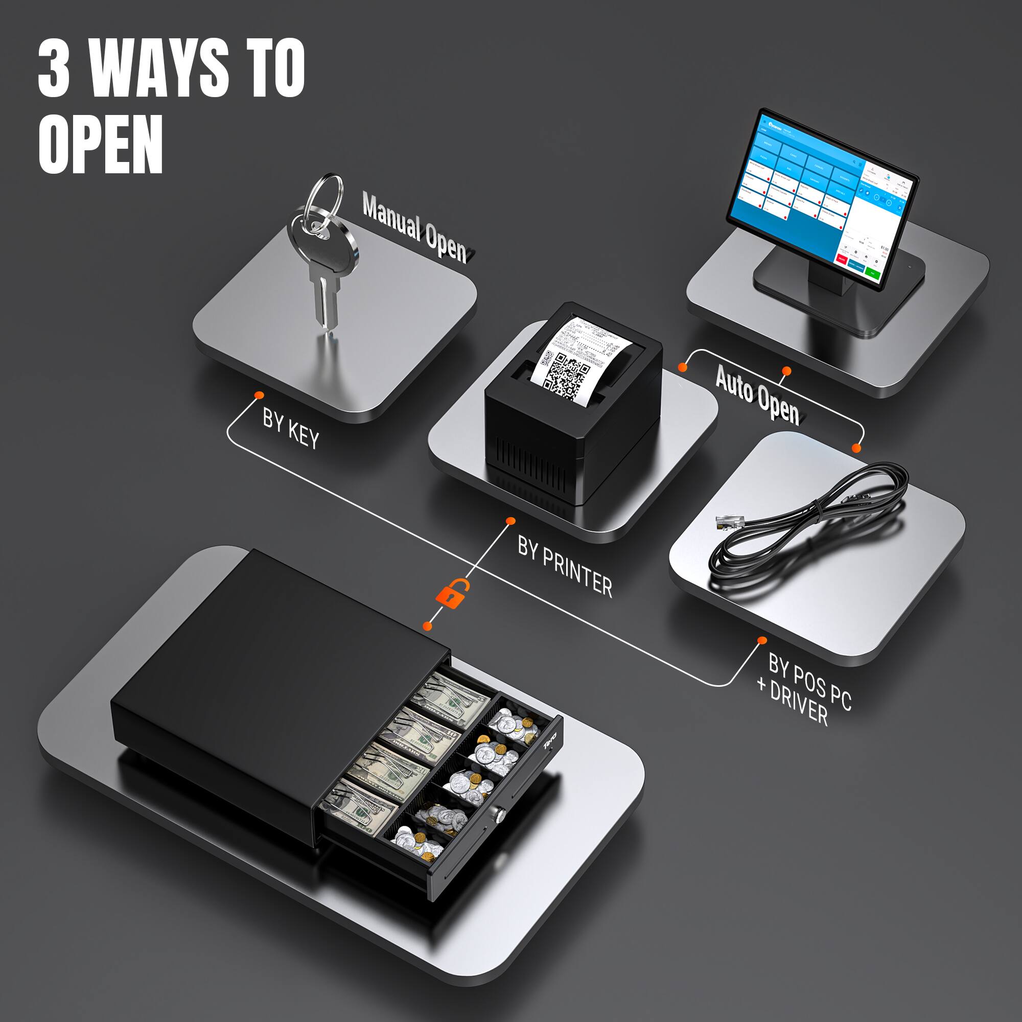 3 WAYS TO OPEN

Manual Open
BY KEY

Auto Open
BY PRINTER

BY POS PC + DRIVER