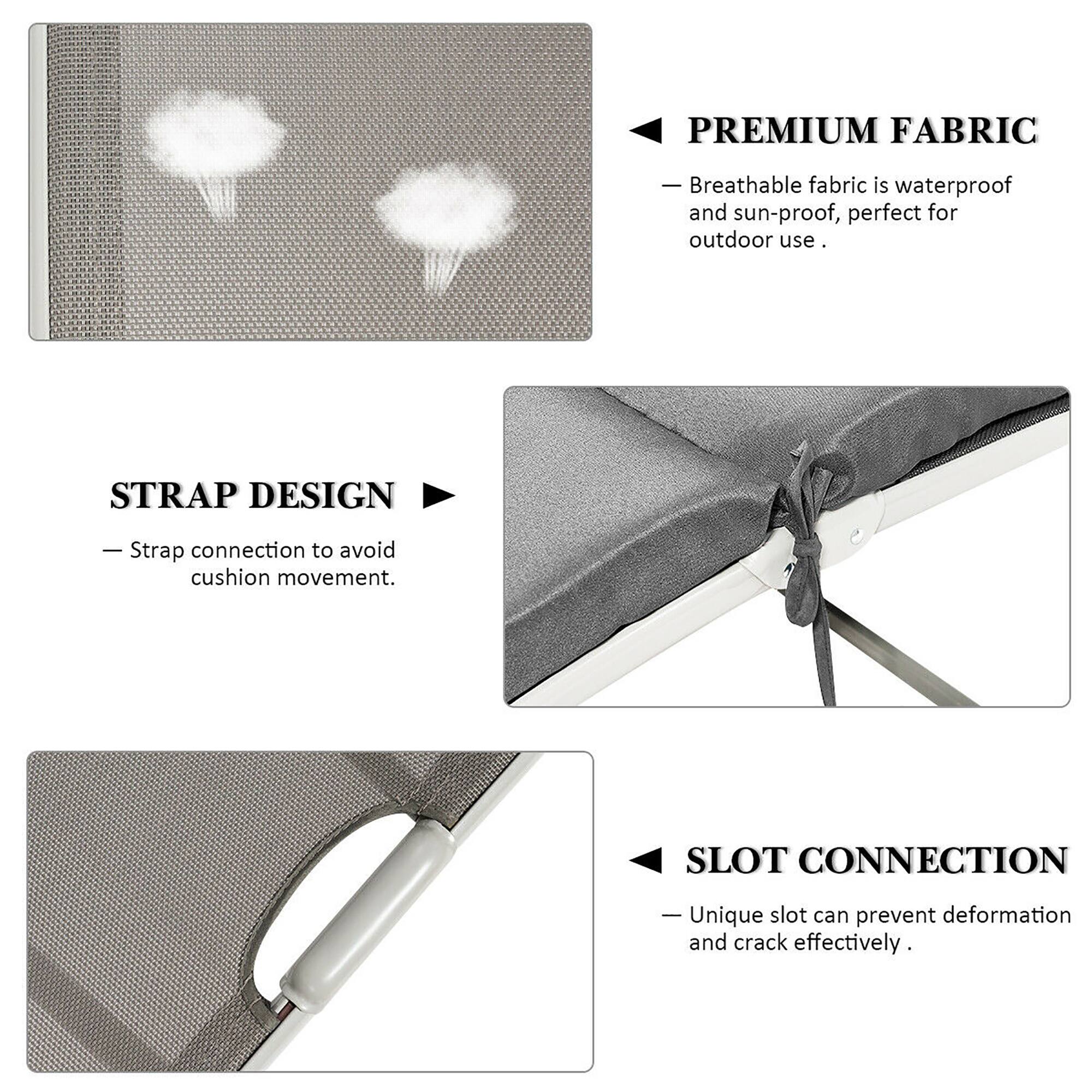 PREMIUM FABRIC - Breathable fabric is waterproof and sun-proof, perfect for outdoor use.
STRAP DESIGN - Strap connection to avoid cushion movement.
SLOT CONNECTION - Unique slot can prevent deformation and crack effectively.
