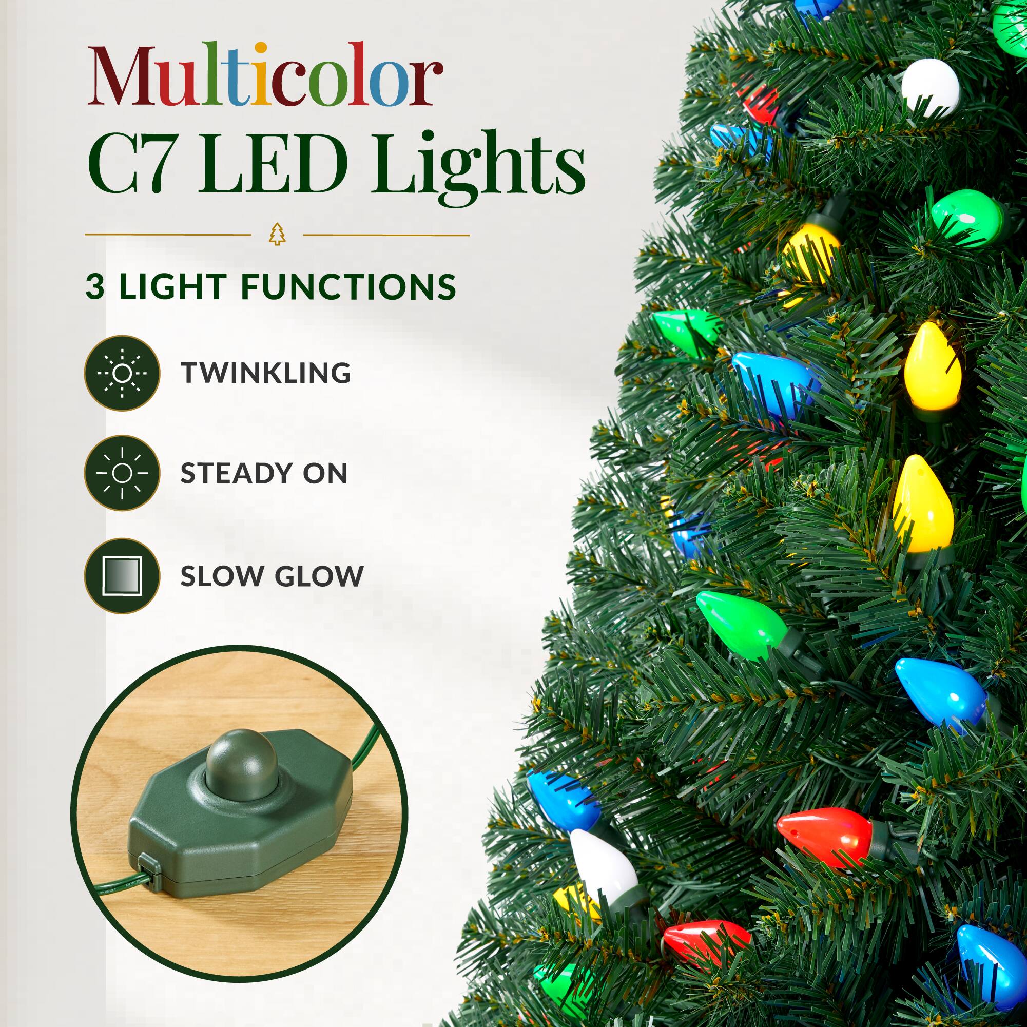 Multicolor C7 LED Lights

3 LIGHT FUNCTIONS
- TWINKLING
- STEADY ON
- SLOW GLOW