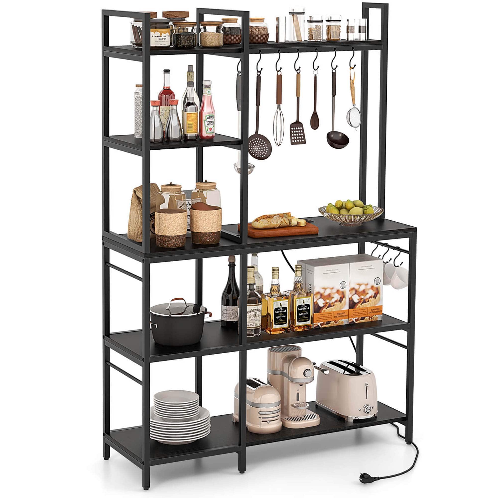 Front. Costway - Costway Bakers Rack 5-Tier Coffee Bar Table with 10 S-Shaped Hooks & Power Outlets - Black.