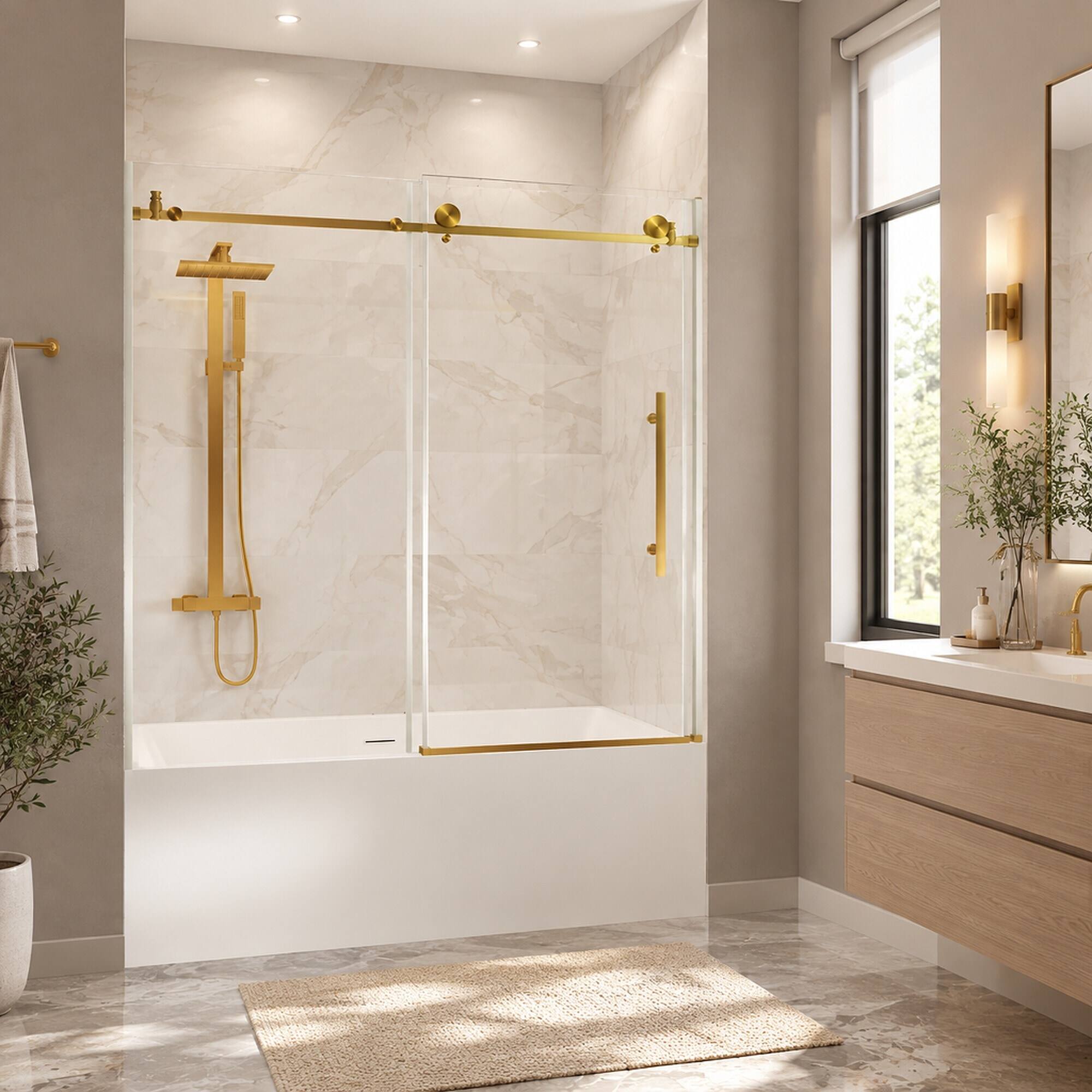 Alt View 4. RYHNUYNE - Frameless Shower Door 56-60" W X 60" H With 1/4" Clear Tempered Glass, Brushed Gold Steel Handle - Brushed Gold.