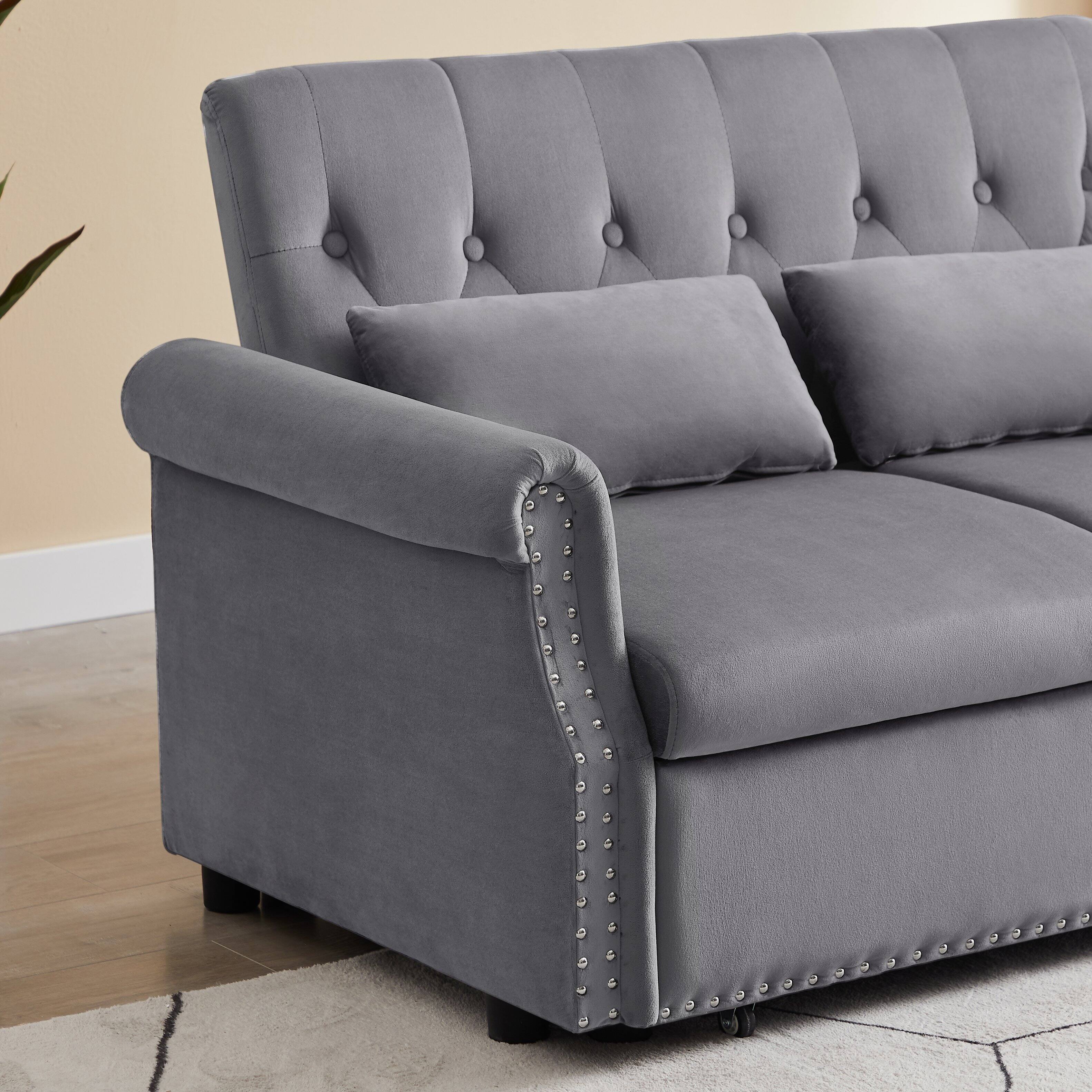 Alt View 2. Tiramisubest - Modern Velvet Convertible Loveseat Sleeper Sofa with 2 Lumbar Pillows,Adjustable Pull-Out Bed,Removable Armrest,Gray - Gray.