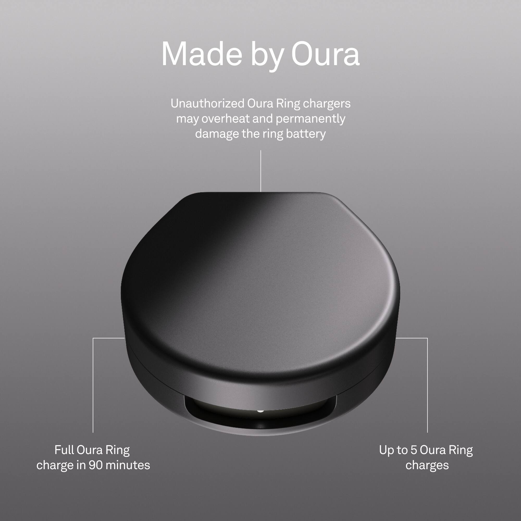 Made by Oura

Unauthorized Oura Ring chargers may overheat and permanently damage the ring battery

Full Oura Ring charge in 90 minutes

Up to 5 Oura Ring charges