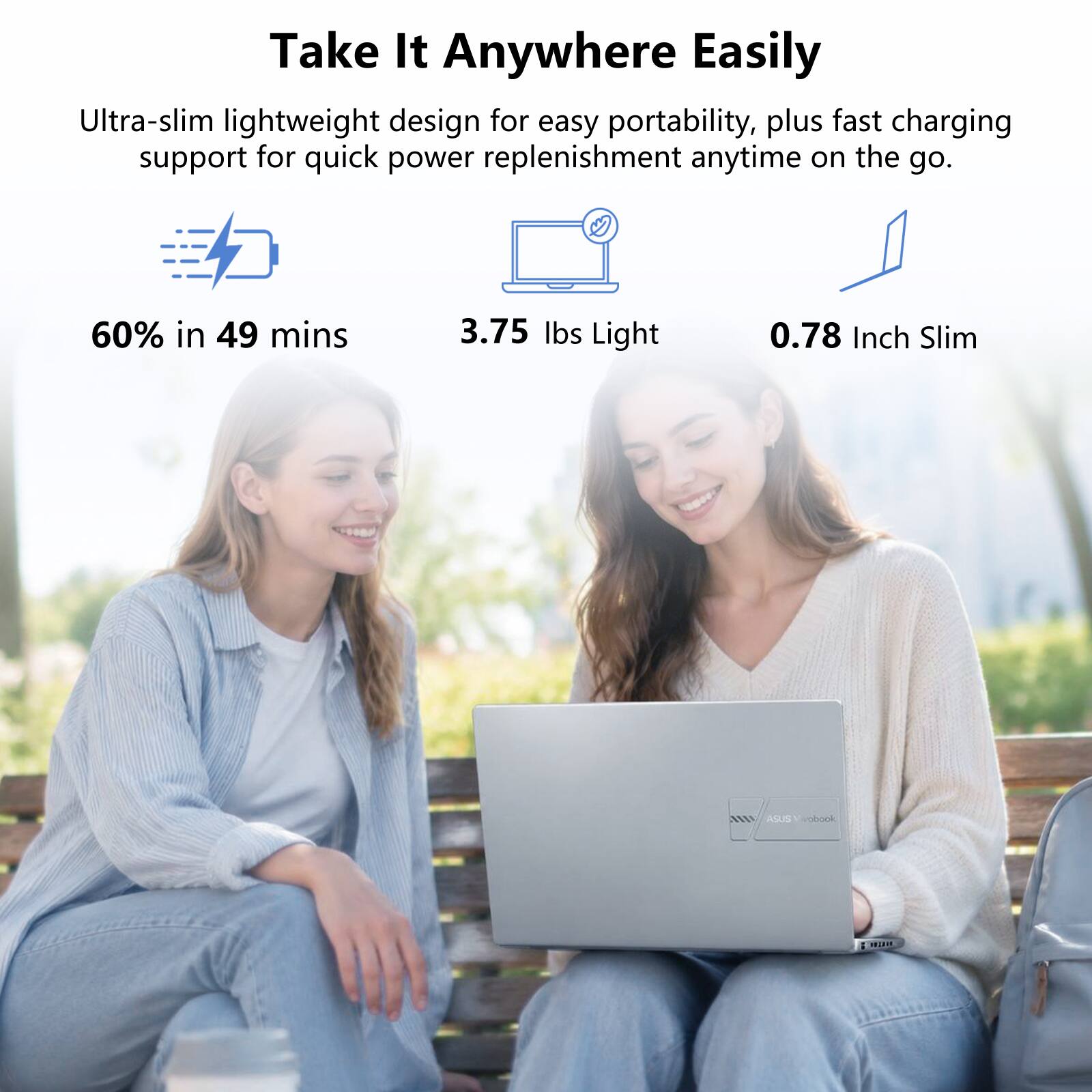 Take It Anywhere Easily

Ultra-slim lightweight design for easy portability, plus fast charging support for quick power replenishment anytime on the go.

60% in 49 mins
3.75 lbs Light
0.78 Inch Slim