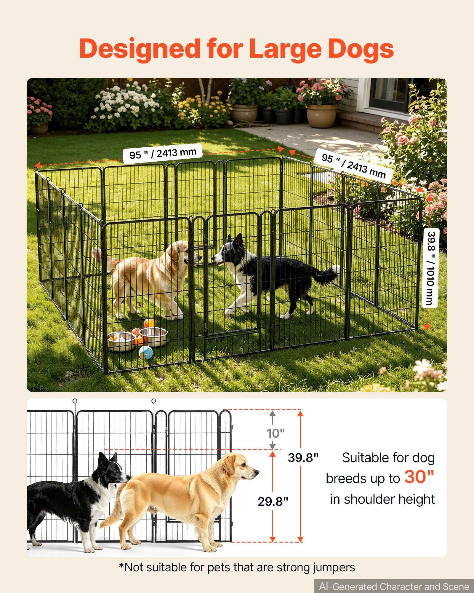 Designed for Large Dogs

95" / 2413 mm

39.8" / 1010 mm

Suitable for dog breeds up to 30" in shoulder height

*Not suitable for pets that are strong jumpers

AI-Generated Character and Scene