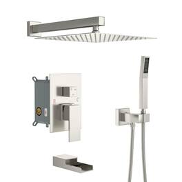 Lordear - Shower System with Waterfall Tub Spout,12 Inch Wall Mounted Square Shower System with Rough-in Valve - Brushed Nickel