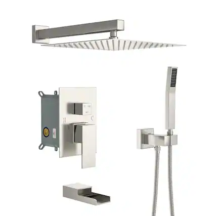 Front. Lordear - Shower System with Waterfall Tub Spout,12 Inch Wall Mounted Square Shower System with Rough-in Valve,Brushed Nickel - Brushed Nickel.