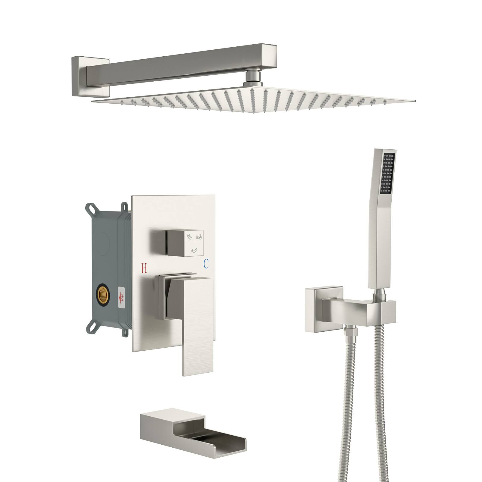 Front. Lordear - Shower System with Waterfall Tub Spout,12 Inch Wall Mounted Square Shower System with Rough-in Valve,Brushed Nickel - Brushed Nickel.