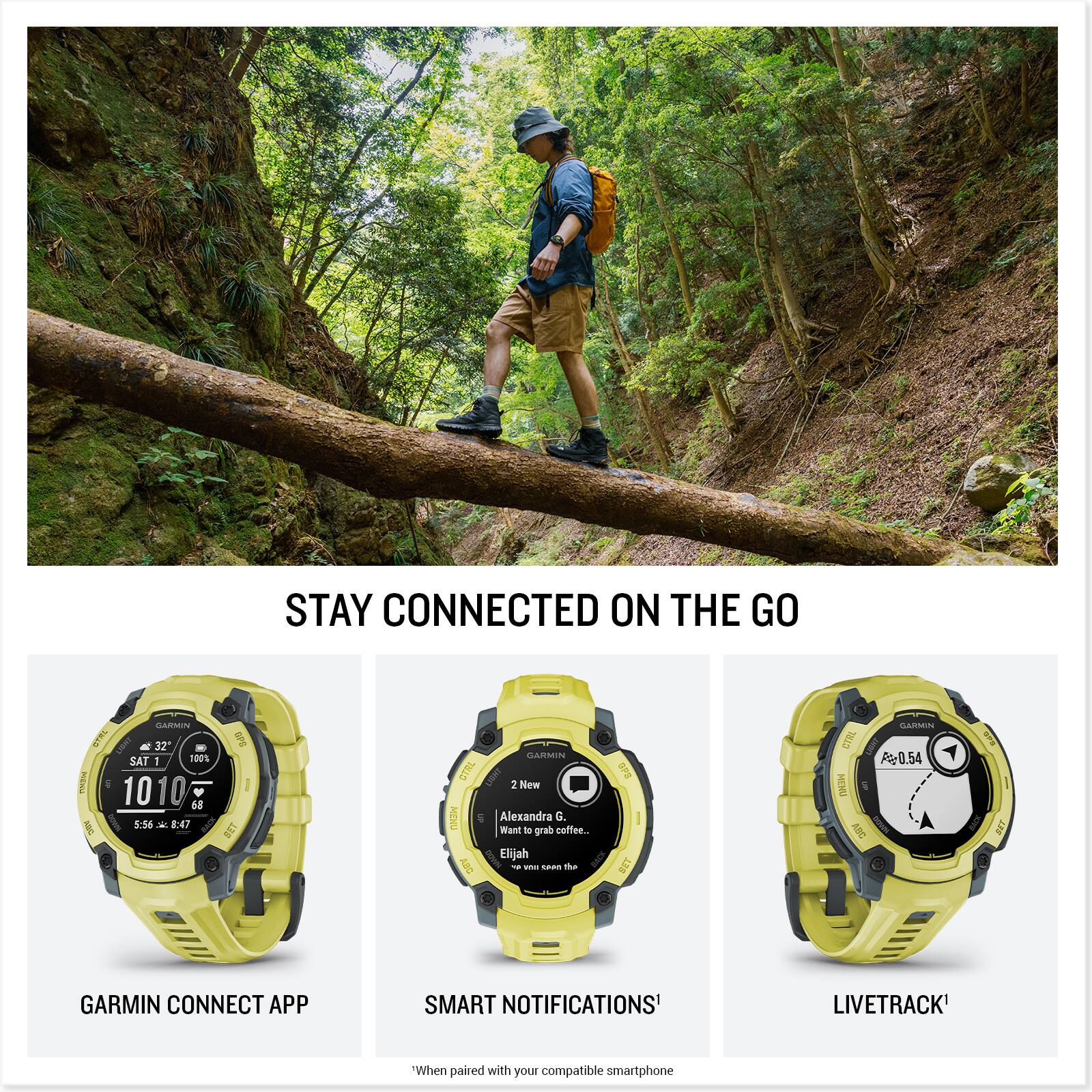 STAY CONNECTED ON THE GO

GARMIN CONNECT APP  
SMART NOTIFICATIONS*  
LIVETRACK*

*When paired with your compatible smartphone

SAT 1  
32°  
100%  
10:10  
68°F  
5:56  
8:47

2 New  
Alexandra C. Want to grab coffee.  
Elijah BACK ANC T - taan

At 01:54  
a GTRL Ae0.54