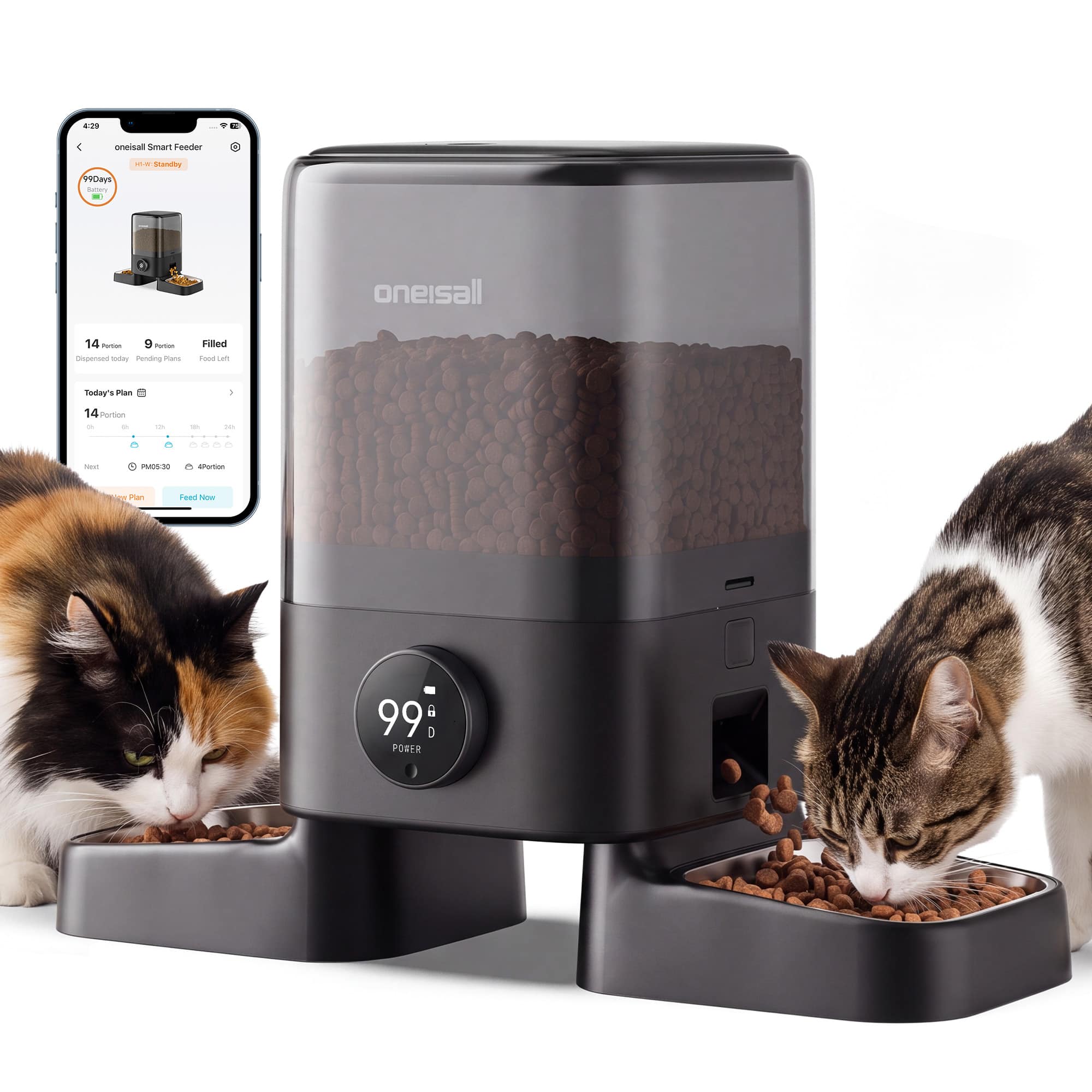 Oneisall - Wi-Fi Automatic Pet Feeder: 5L Dual Bowl, App Control, Voice Recorder, 100-Day Battery,0.7" Large Kibble for Cats & Dogs - Black