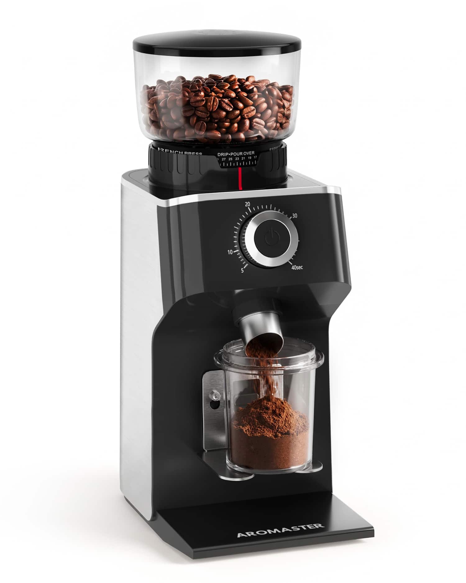 Aromaster - Conical Coffee Bean Grinder for Espresso ,Adjustable Timer 45 Grind Settings - Sliver&Black