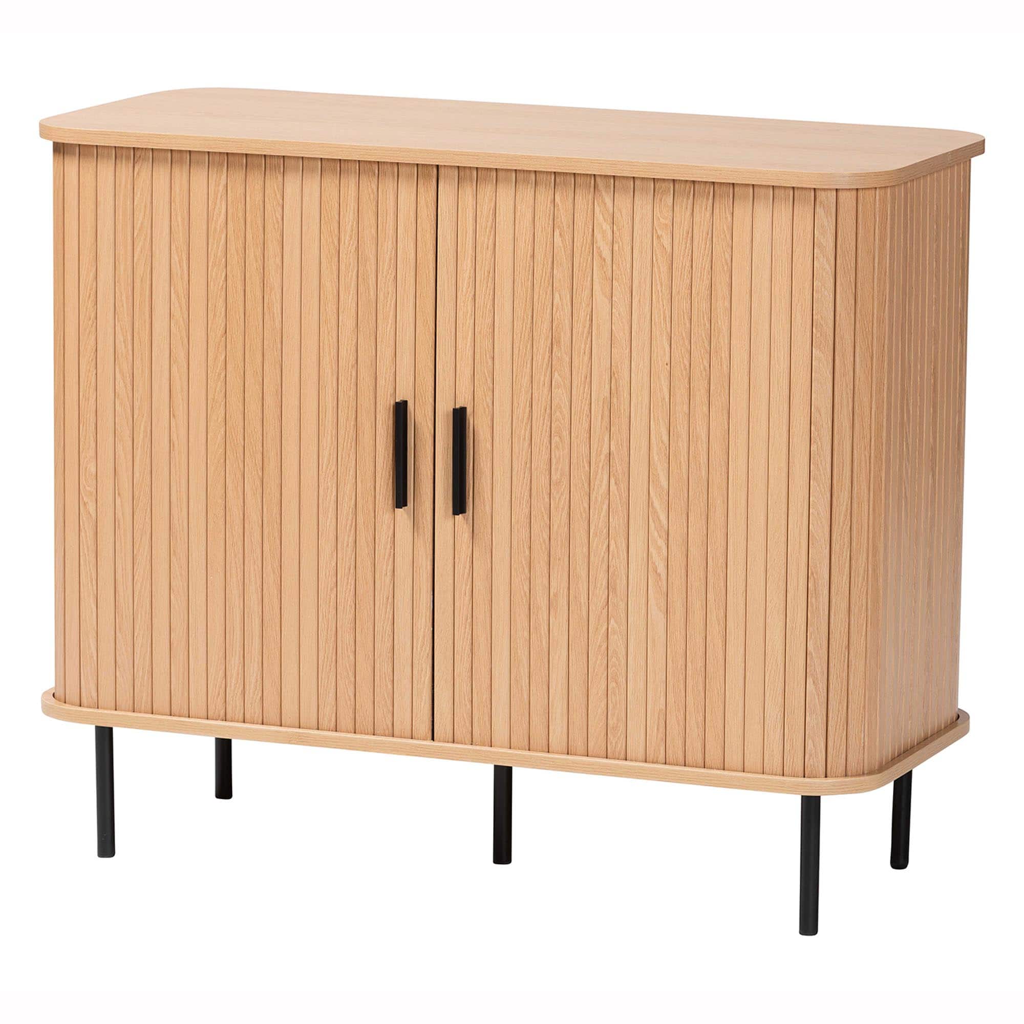 Baxton Studio - Lucia Fluted Wood Storage Cabinet - Mid-Century Modern Sideboard with Sliding Tambour Doors, 35" Wide - Light Oak/Black